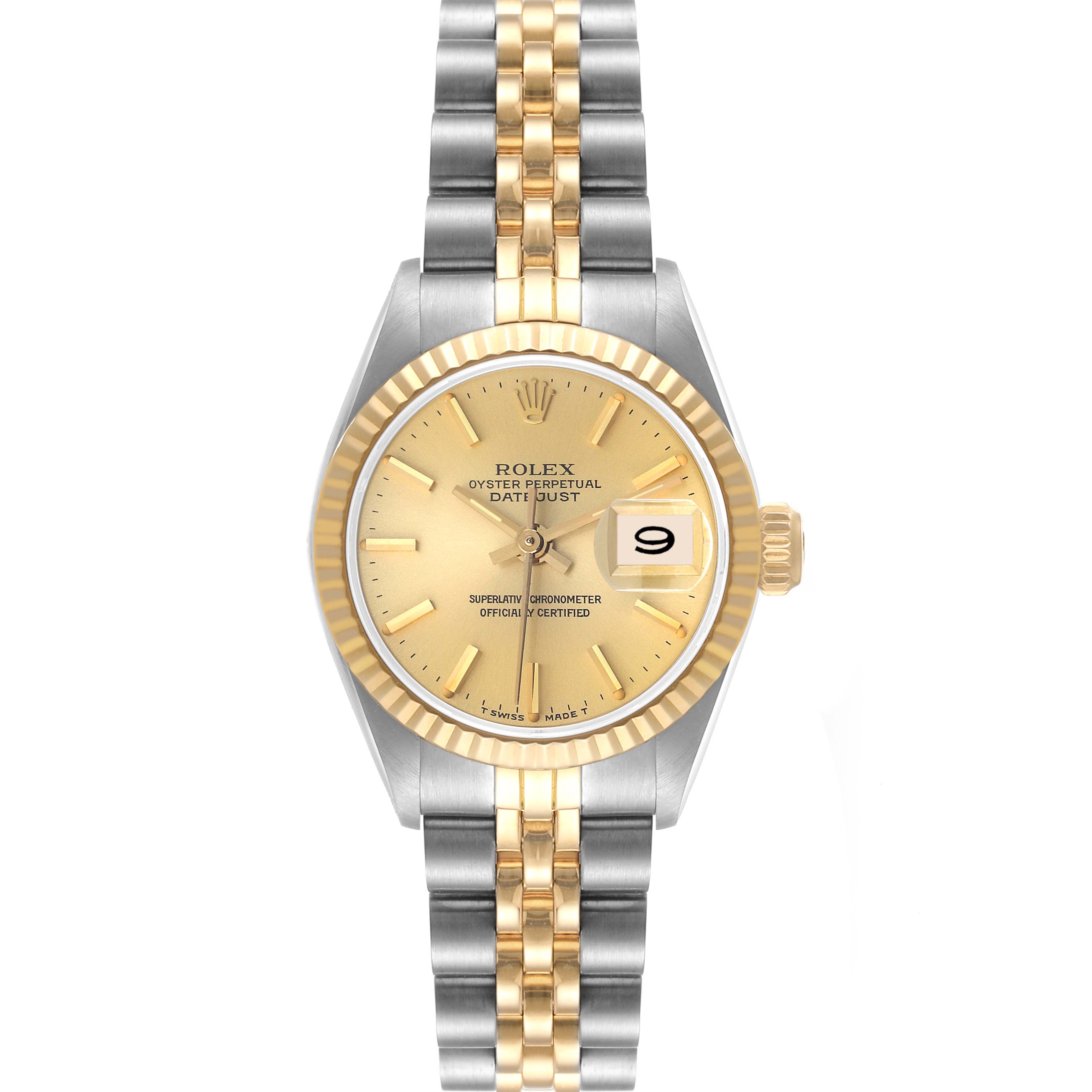 The Rolex Datejust 69173 Women's Steel and Gold (two tone) Champagne Dial 69173 Women's Steel and Gold (two tone) Champagne Dial watch is shown from a top-down angle, displaying its dial, bezel, and two-tone bracelet.