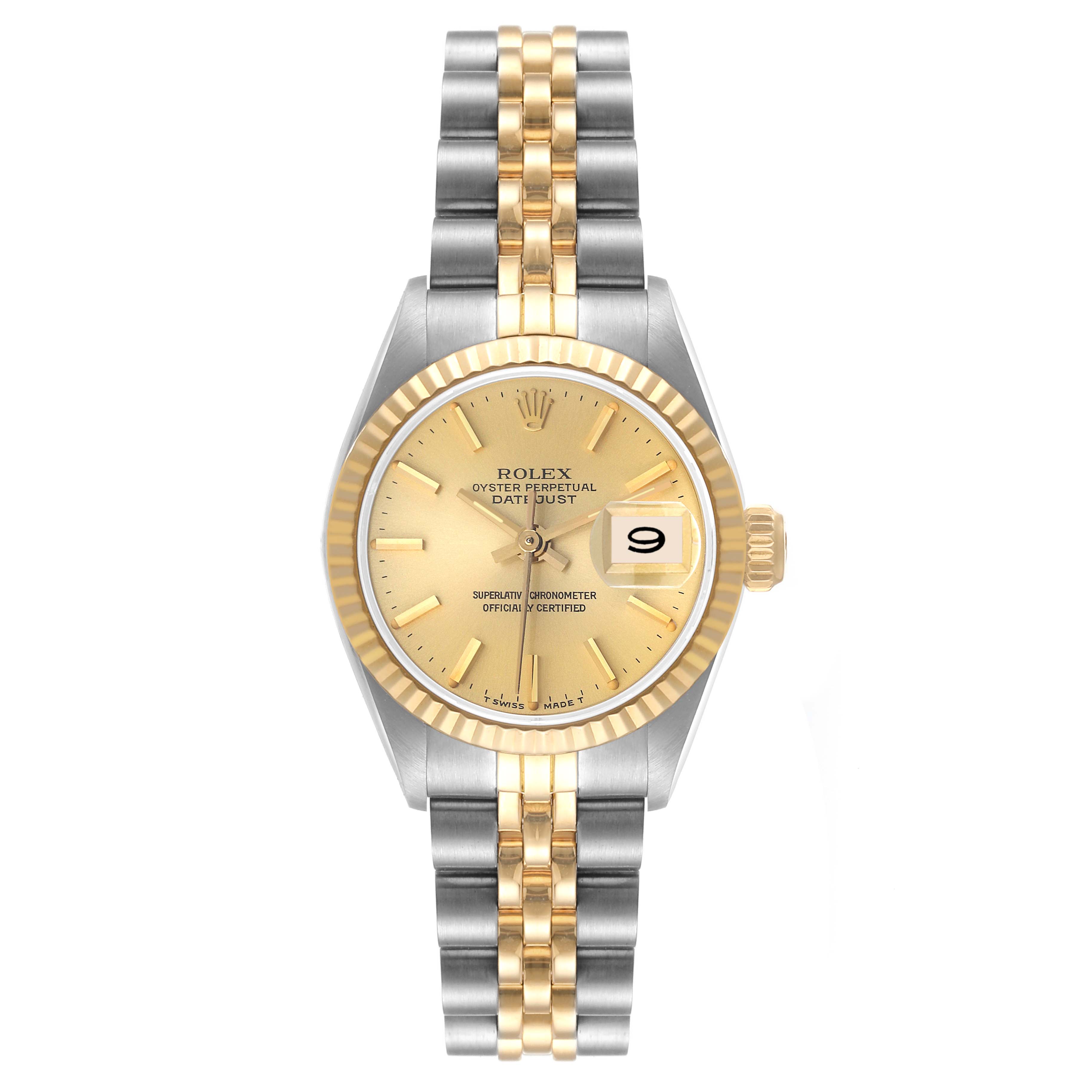 The image shows a front view of a Rolex Datejust 69173 Women's Steel and Gold (two tone) Champagne Dial 69173 Women's Steel and Gold (two tone) Champagne Dial watch with a gold and stainless steel bracelet.
