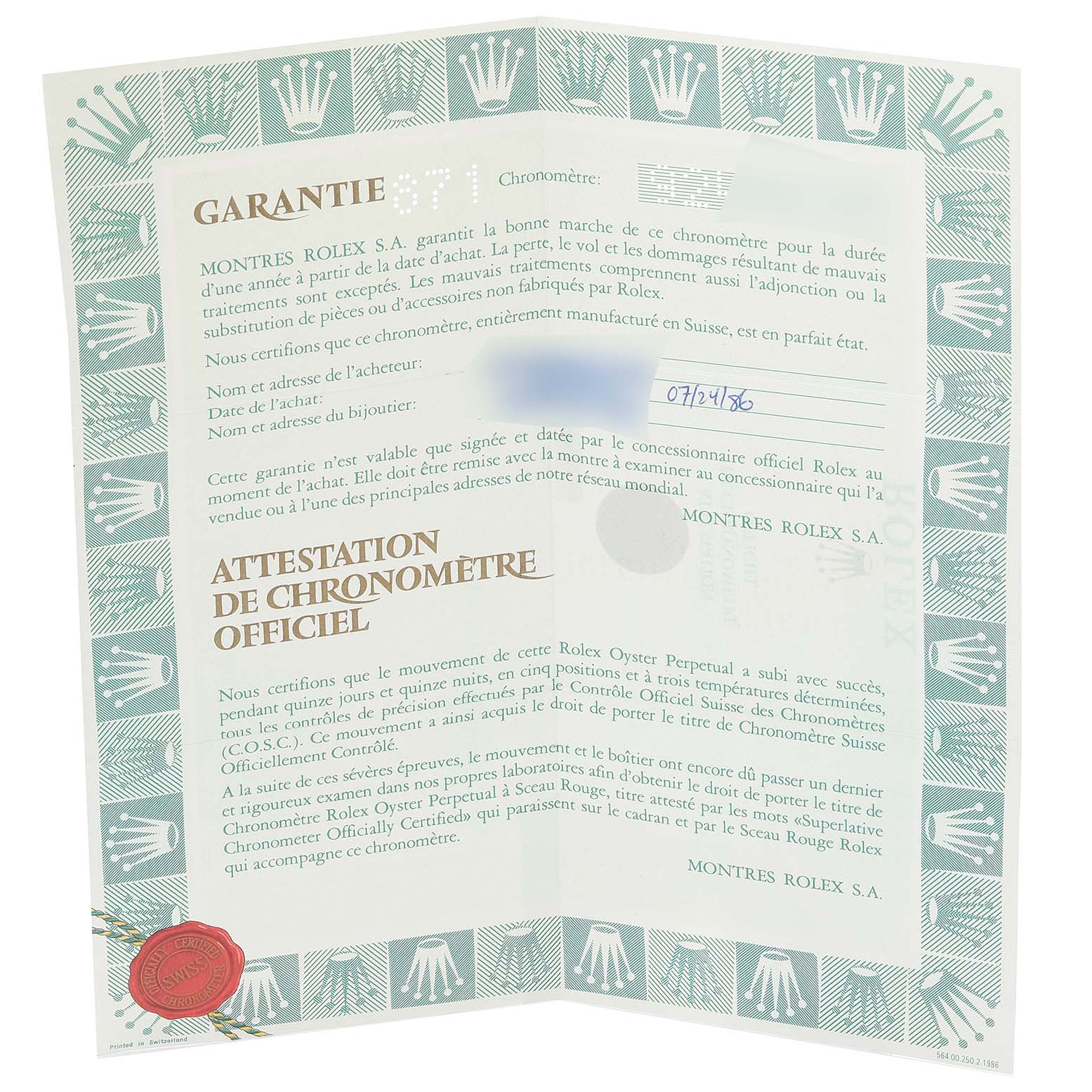 This image shows a warranty and official chronometer certification document for the Rolex Datejust 69173 Women's Steel and Gold (two tone) Champagne Dial 69173 Women's Steel and Gold (two tone) Champagne Dial model.