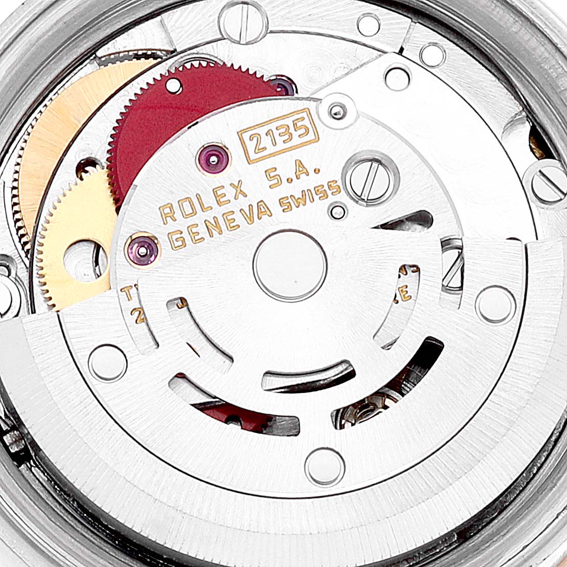 The image shows the intricate internal movement mechanism of a Rolex Datejust 69173 Women's Steel and Gold (two tone) Champagne Dial 69173 Women's Steel and Gold (two tone) Champagne Dial watch.