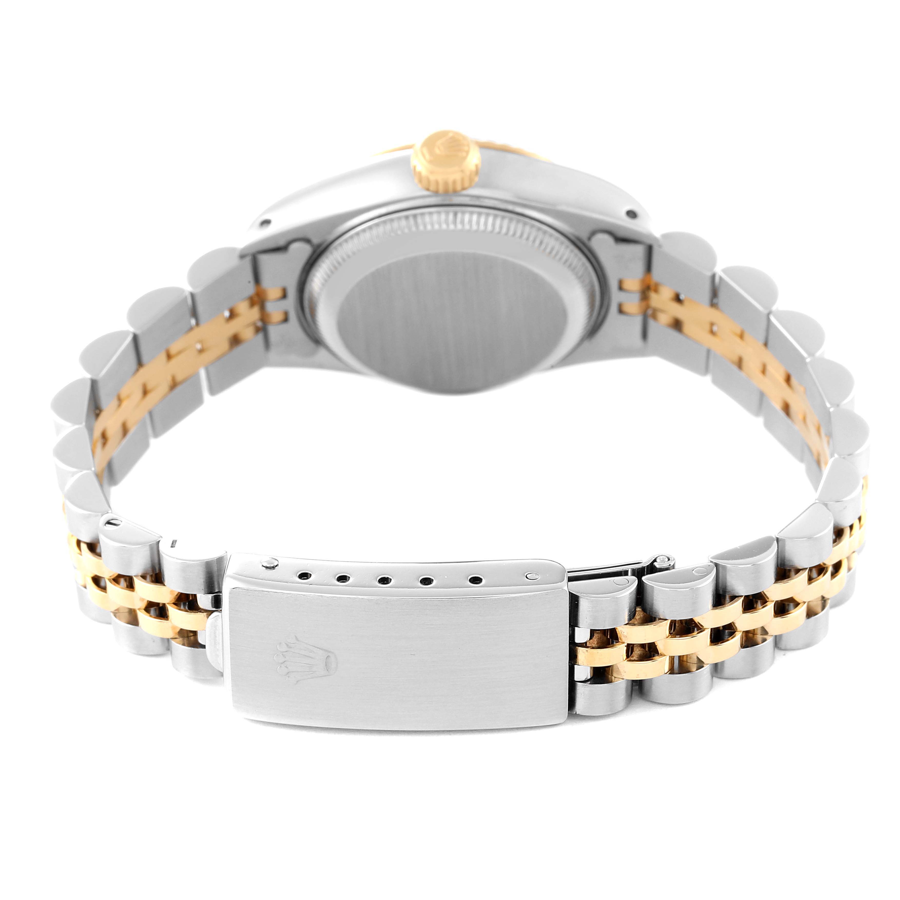 The image shows the back of a Rolex Datejust 69173 Women's Steel and Gold (two tone) Champagne Dial 69173 Women's Steel and Gold (two tone) Champagne Dial watch, highlighting its clasp, bracelet, and caseback.