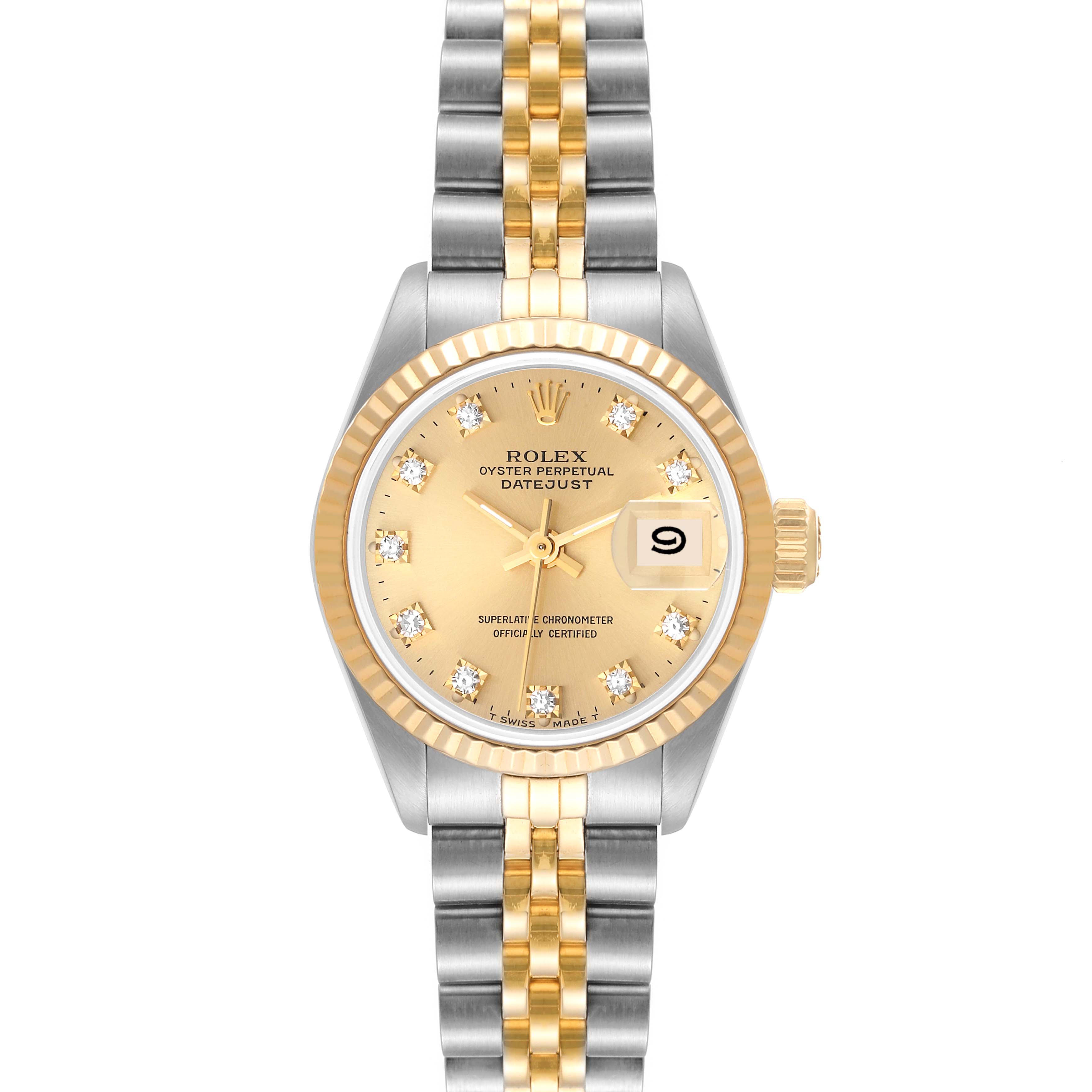 This is a front view of a Rolex Datejust 69173 Women's Steel and Gold (two tone) Champagne Dial 69173 Women's Steel and Gold (two tone) Champagne Dial watch, showing the dial, case, bezel, bracelet, and date window.
