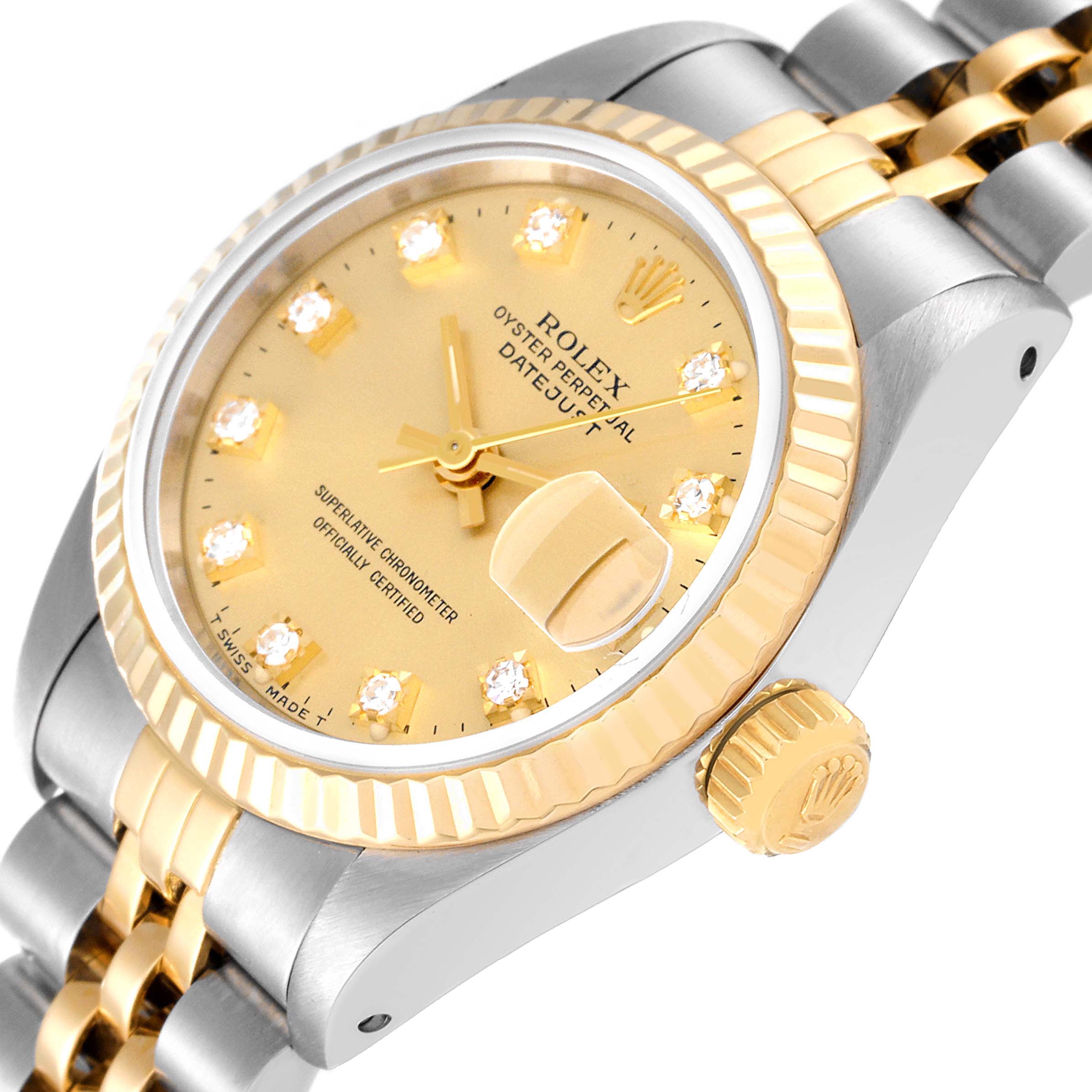 This image shows a close-up angle of a Rolex Datejust 69173 Women's Steel and Gold (two tone) Champagne Dial 69173 Women's Steel and Gold (two tone) Champagne Dial watch highlighting the dial, bezel, crown, and part of the bracelet.