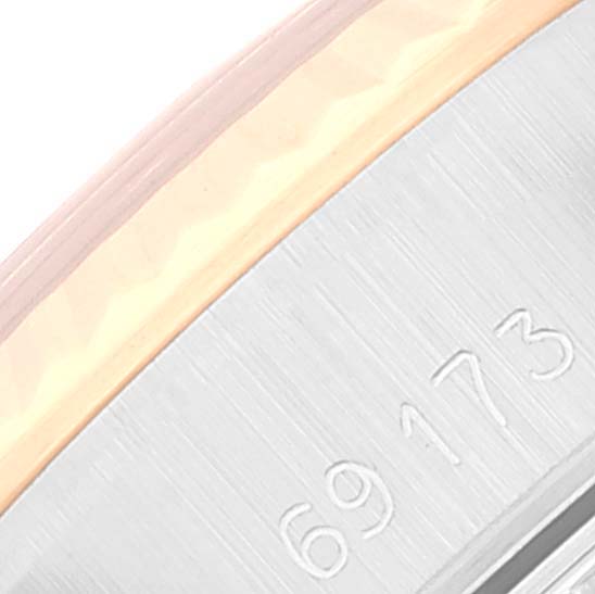 This image shows a close-up of the side bezel and engraved serial number "69173" on the Rolex Datejust 69173 Women's Steel and Gold (two tone) Champagne Dial 69173 Women's Steel and Gold (two tone) Champagne Dial watch.