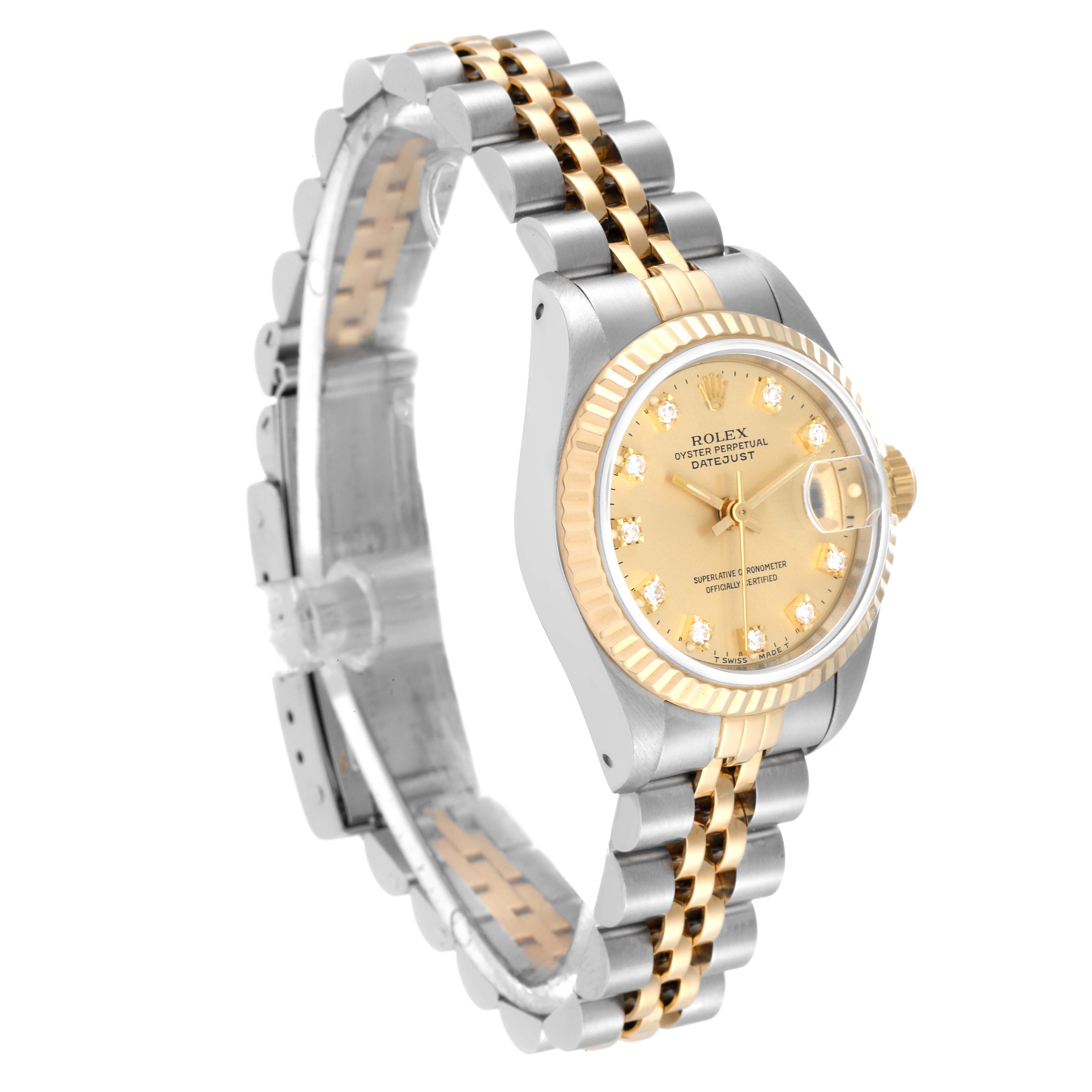 This image shows a Rolex Datejust 69173 Women's Steel and Gold (two tone) Champagne Dial 69173 Women's Steel and Gold (two tone) Champagne Dial model watch at a three-quarter angle, highlighting its dial, bezel, and bracelet.