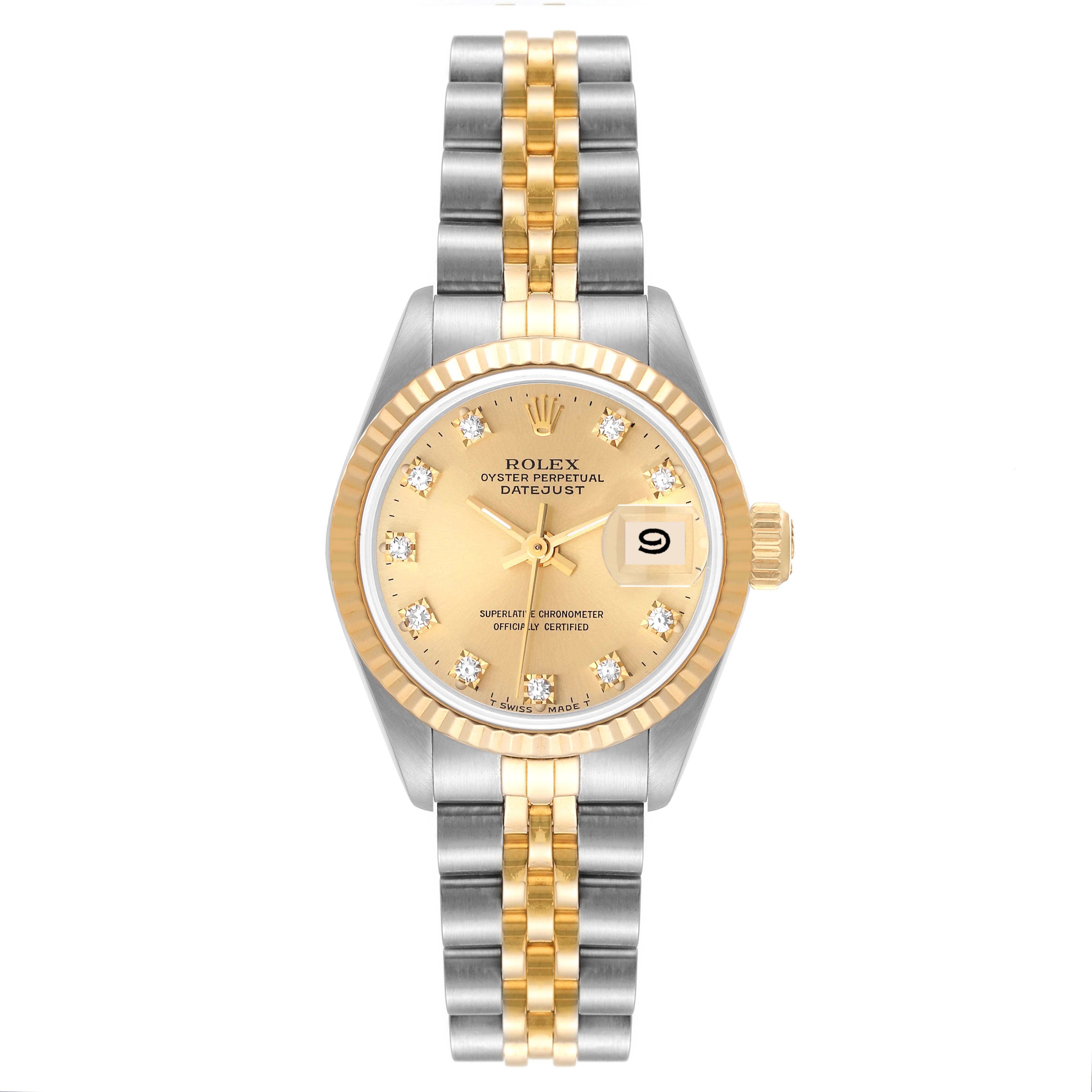 The image shows a frontal view of a Rolex Datejust 69173 Women's Steel and Gold (two tone) Champagne Dial 69173 Women's Steel and Gold (two tone) Champagne Dial watch with a gold and silver Jubilee bracelet.
