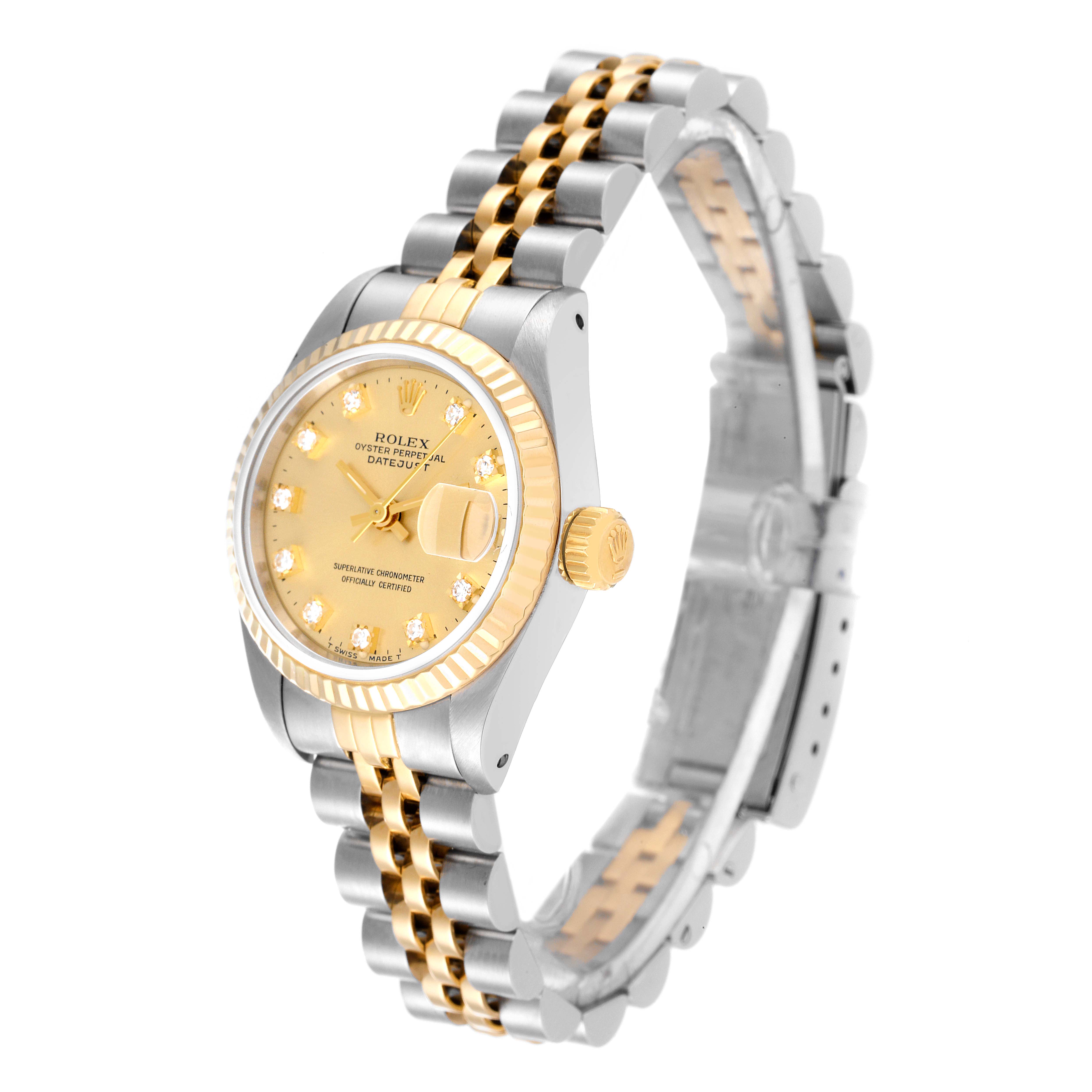 The Rolex Datejust 69173 Women's Steel and Gold (two tone) Champagne Dial 69173 Women's Steel and Gold (two tone) Champagne Dial watch is shown at a three-quarter angle, highlighting its gold dial, bezel, and two-tone bracelet.