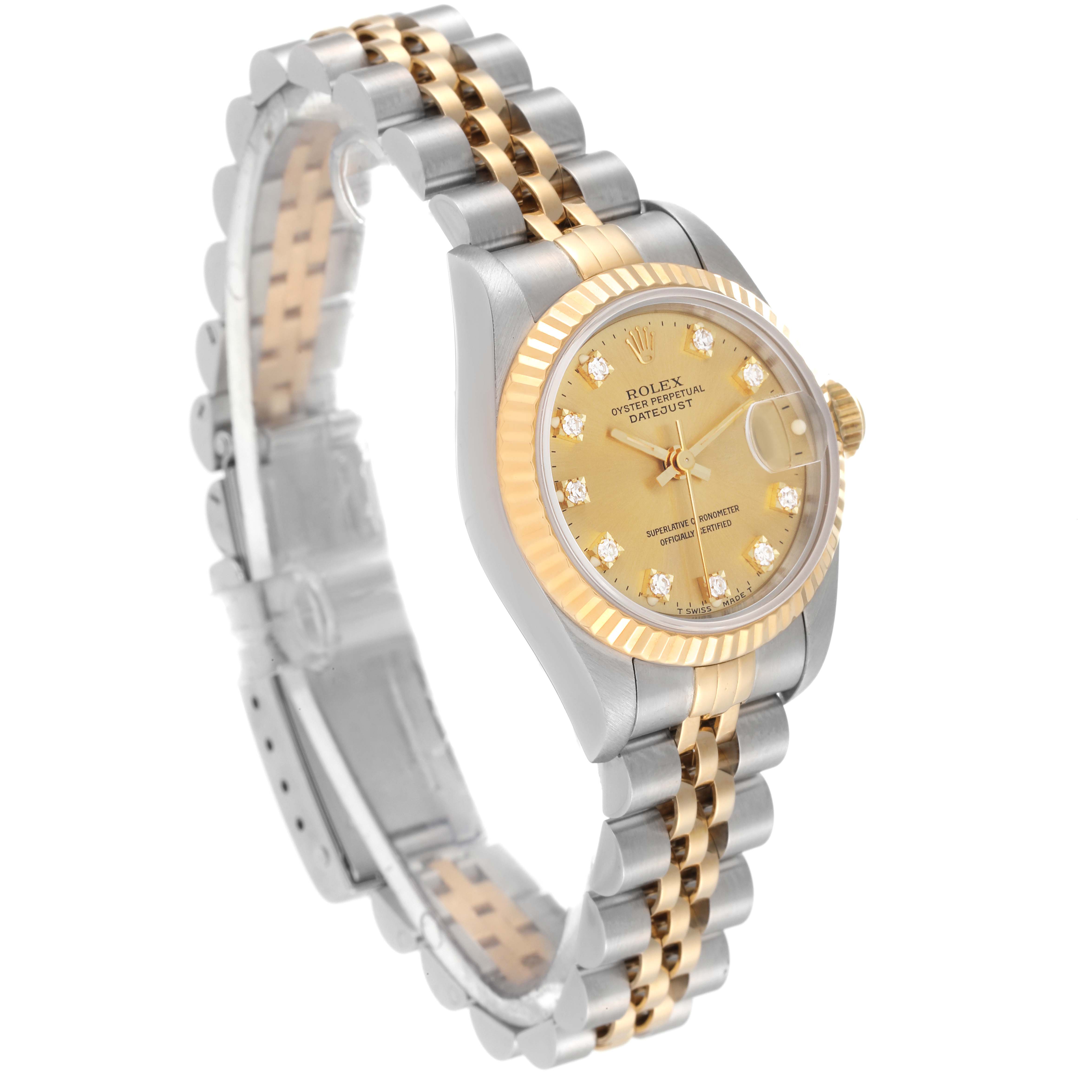 The Rolex Datejust 69173 Women's Steel and Gold (two tone) Champagne Dial 69173 Women's Steel and Gold (two tone) Champagne Dial watch is shown at a side angle, displaying its bracelet, case, dial, and bezel.