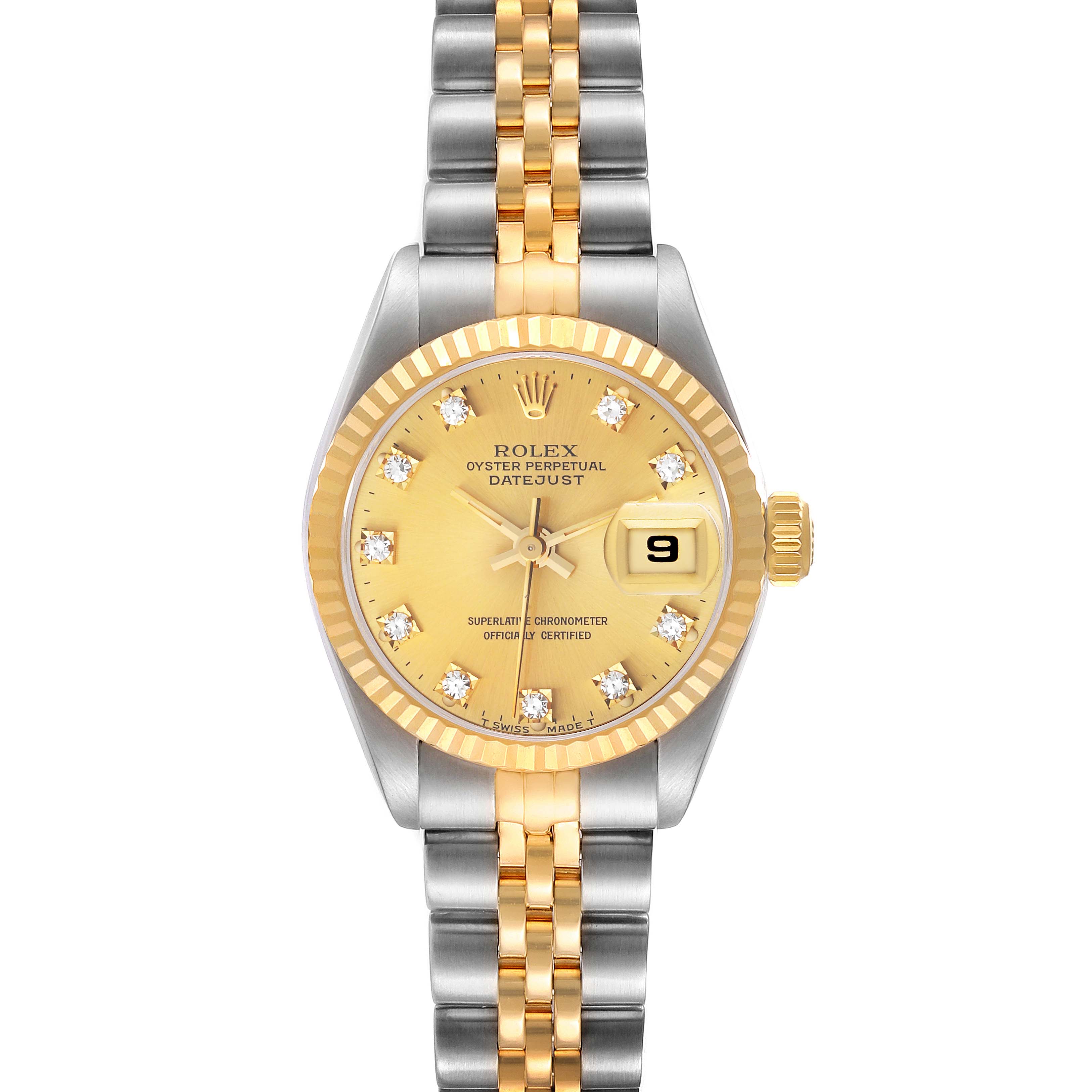 This image shows a close-up frontal view of a Rolex Datejust 69173 Women's Steel and Gold (two tone) Champagne Dial 69173 Women's Steel and Gold (two tone) Champagne Dial watch, highlighting its face, bezel, dial, and jubilee bracelet.