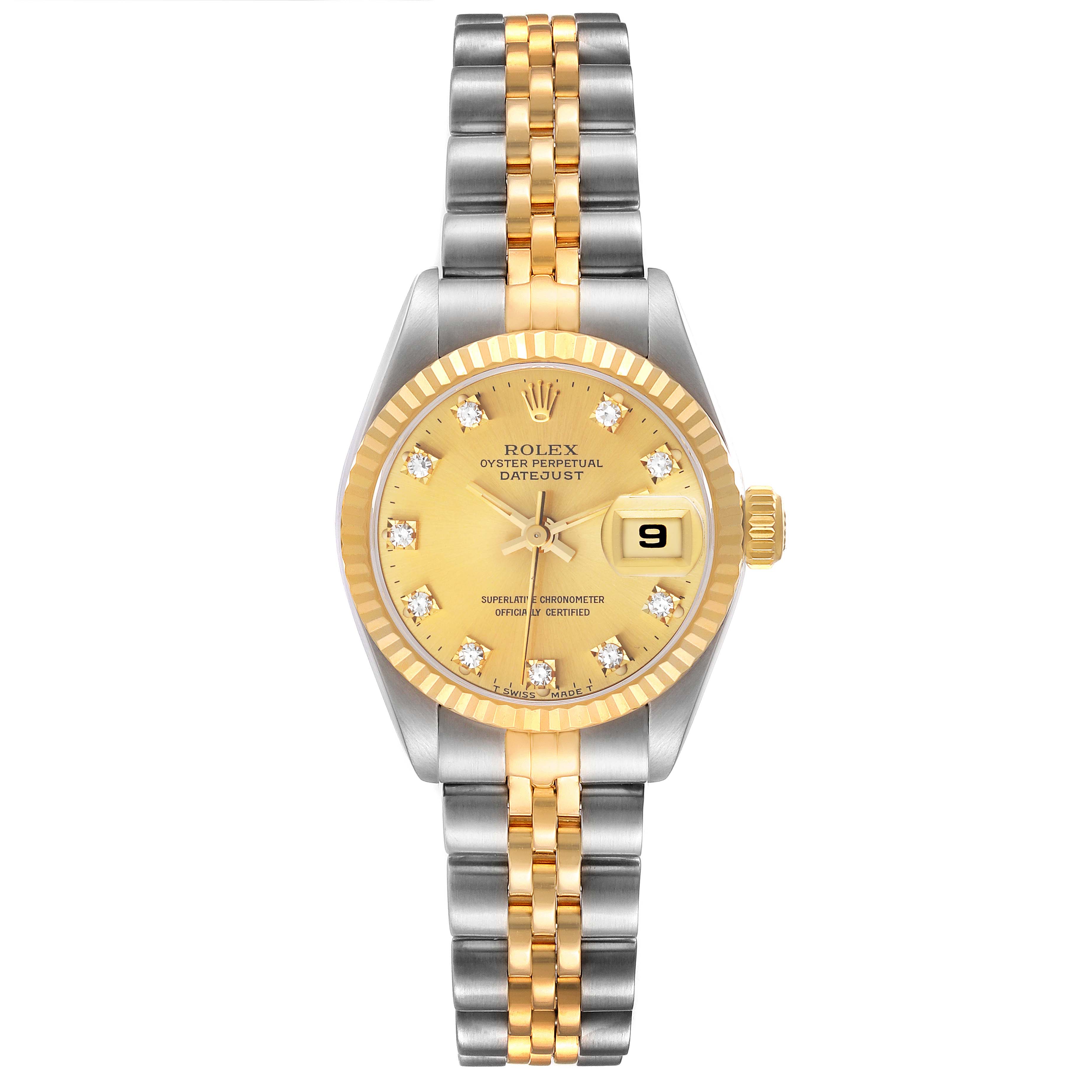 This image shows a Rolex Datejust 69173 Women's Steel and Gold (two tone) Champagne Dial 69173 Women's Steel and Gold (two tone) Champagne Dial watch from a top-down angle, highlighting the dial, bezel, and bracelet.