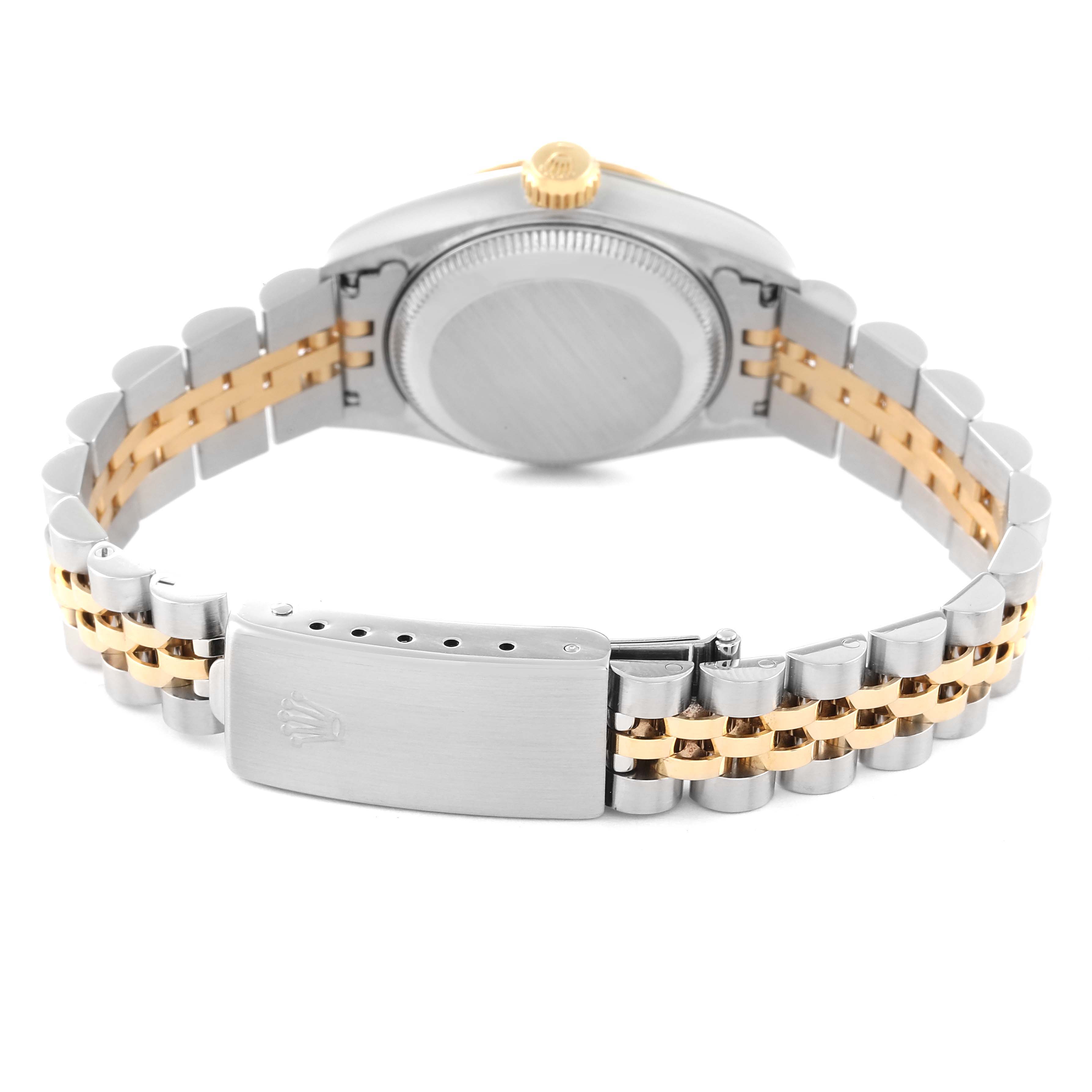 The image shows the back view of a Rolex Datejust 69173 Women's Steel and Gold (two tone) Champagne Dial 69173 Women's Steel and Gold (two tone) Champagne Dial watch, focusing on its closed case back and two-tone bracelet with clasp.