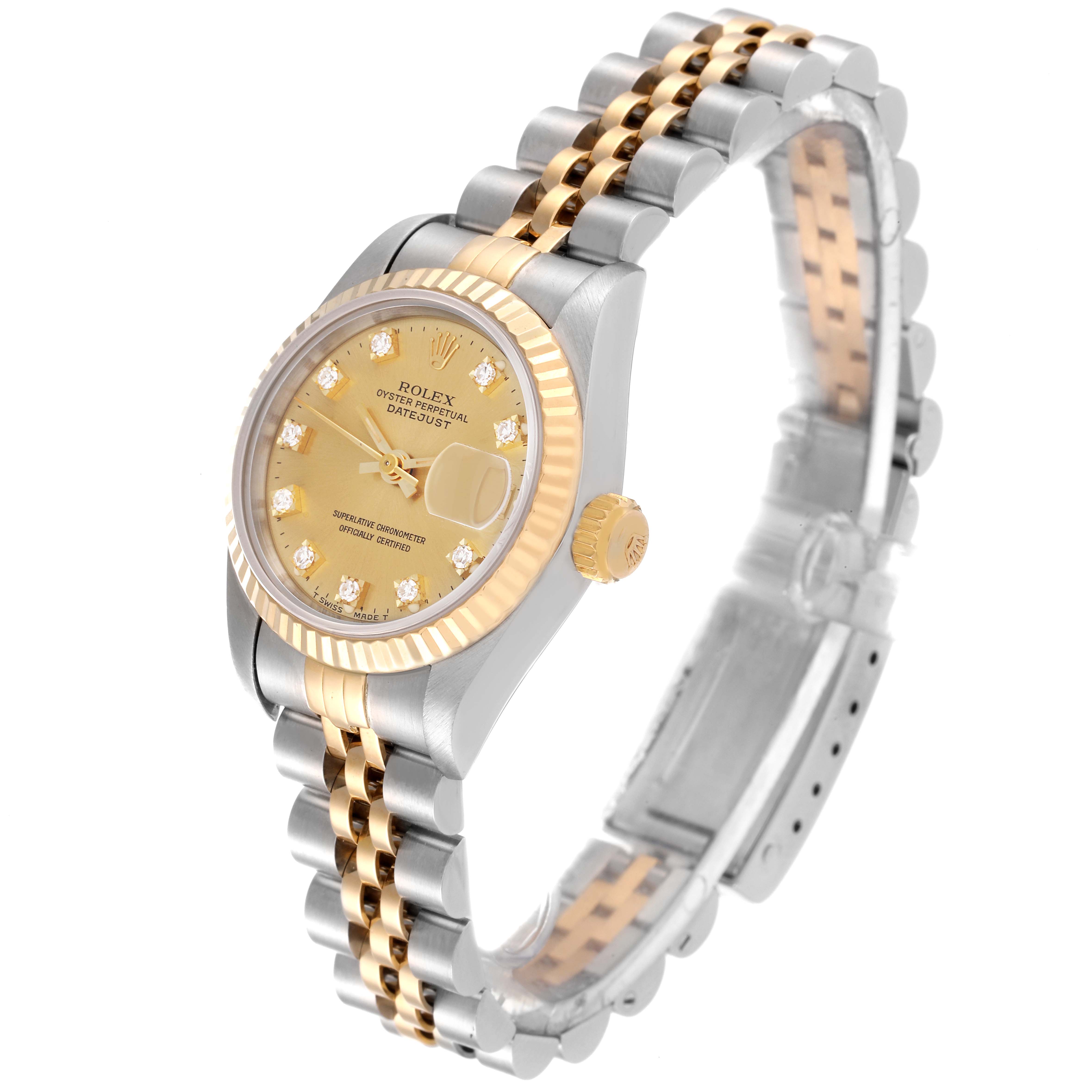 This Rolex Datejust 69173 Women's Steel and Gold (two tone) Champagne Dial 69173 Women's Steel and Gold (two tone) Champagne Dial watch is shown at a three-quarter angle, displaying the face, bezel, crown, and part of the bracelet.