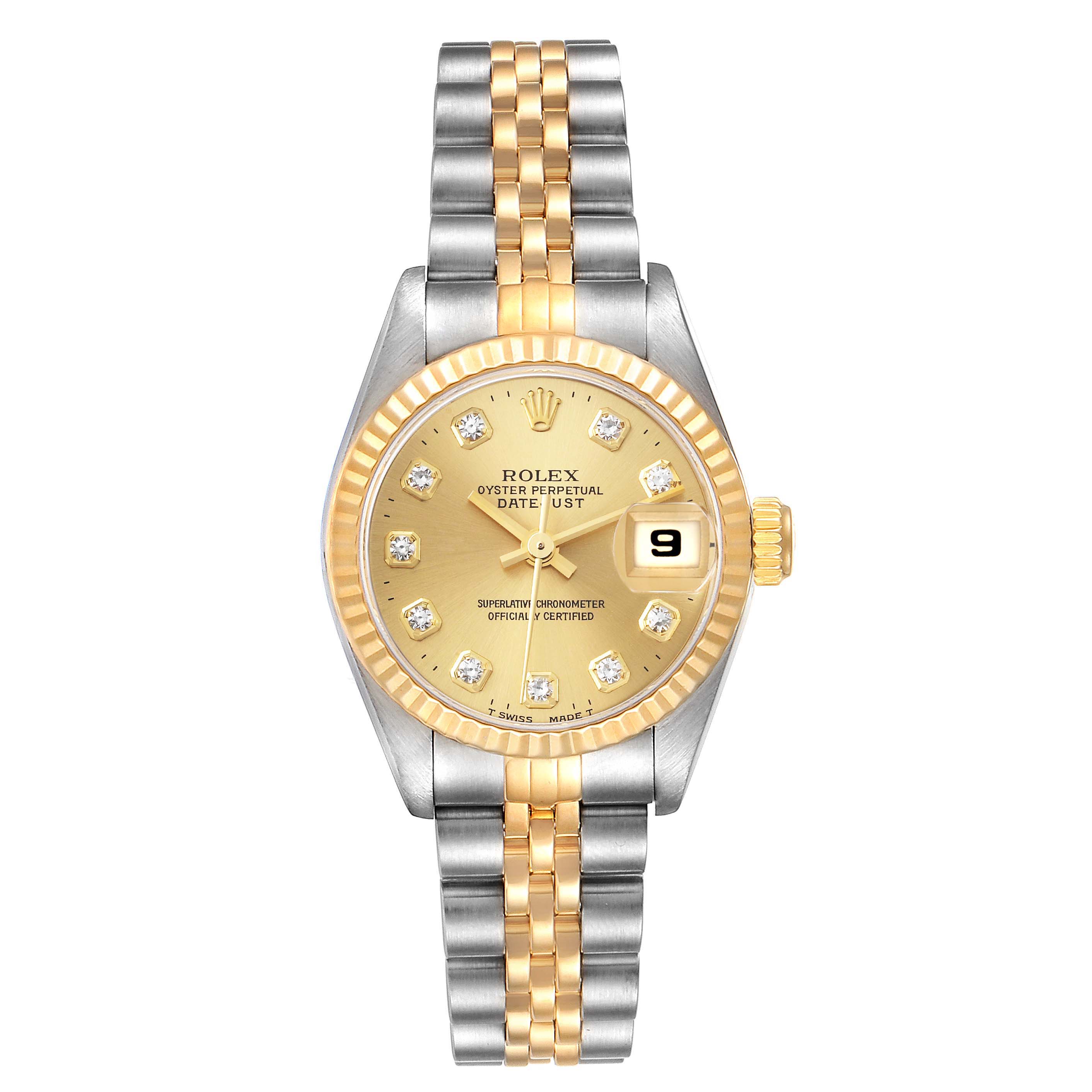 This image shows a Rolex Datejust 69173 Women's Steel and Gold (two tone) Champagne Dial 69173 Women's Steel and Gold (two tone) Champagne Dial watch from a frontal angle, highlighting its face, band, and date display.