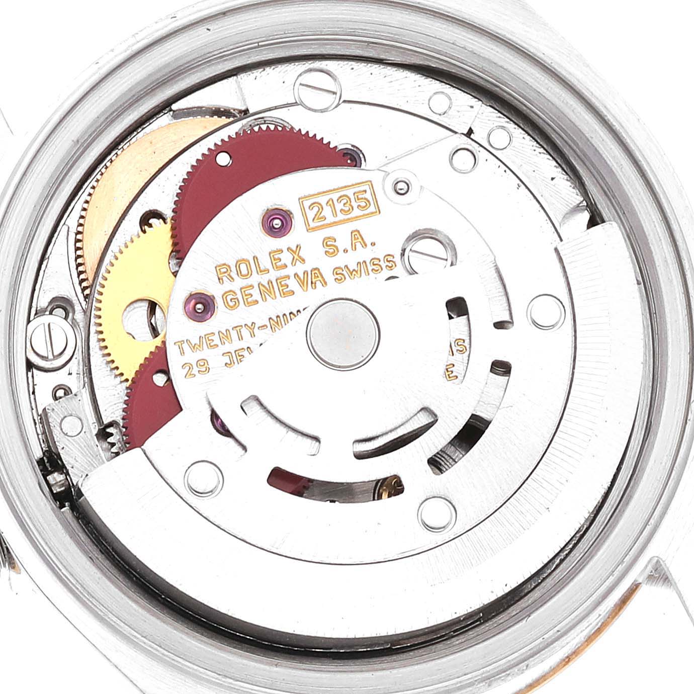 This image displays the internal movement mechanism of a Rolex Datejust 69173 Women's Steel and Gold (two tone) Champagne Dial 69173 Women's Steel and Gold (two tone) Champagne Dial watch from a close-up angle.