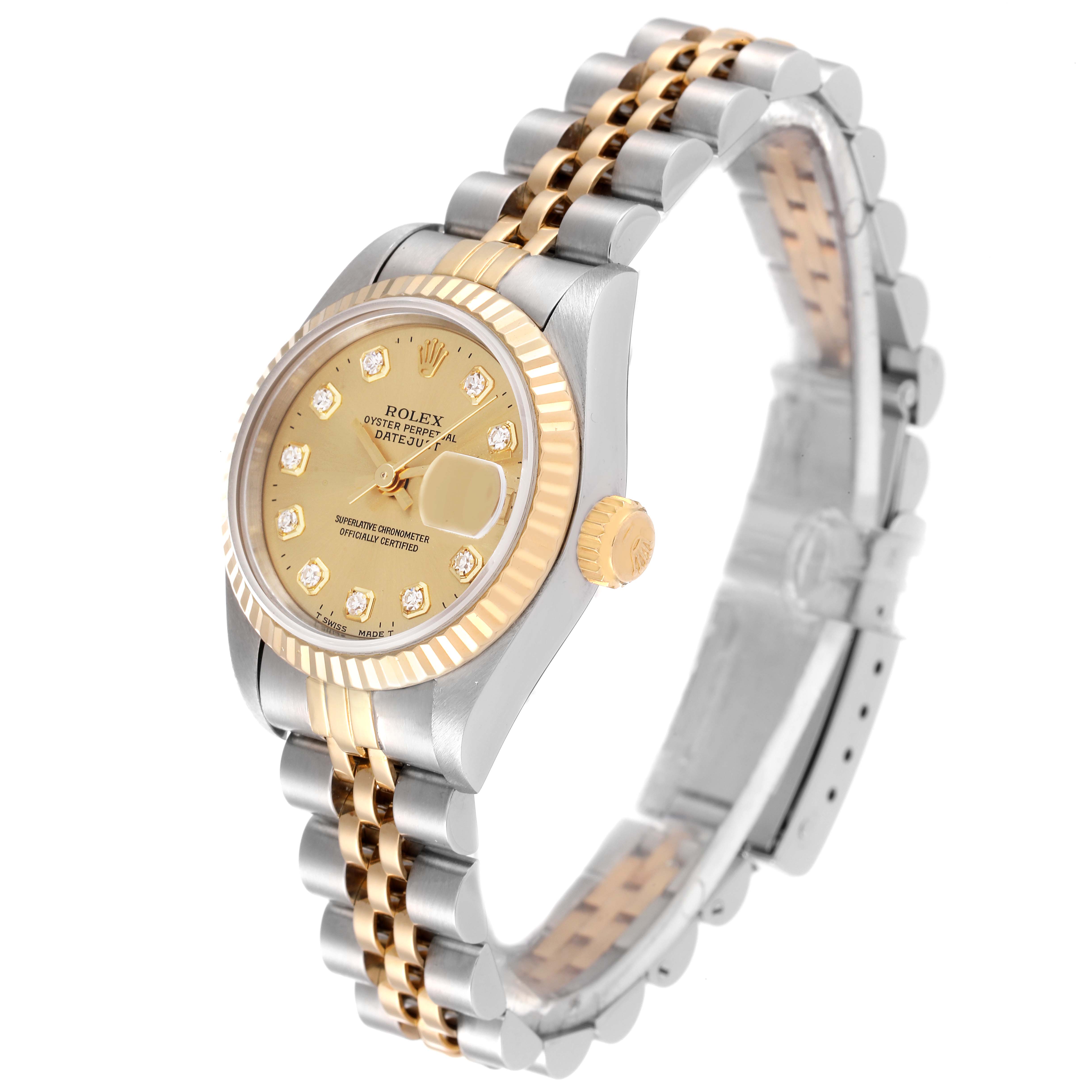 The Rolex Datejust 69173 Women's Steel and Gold (two tone) Champagne Dial 69173 Women's Steel and Gold (two tone) Champagne Dial watch is shown from a front-left angle, highlighting its bezel, crown, dial, and two-tone bracelet.