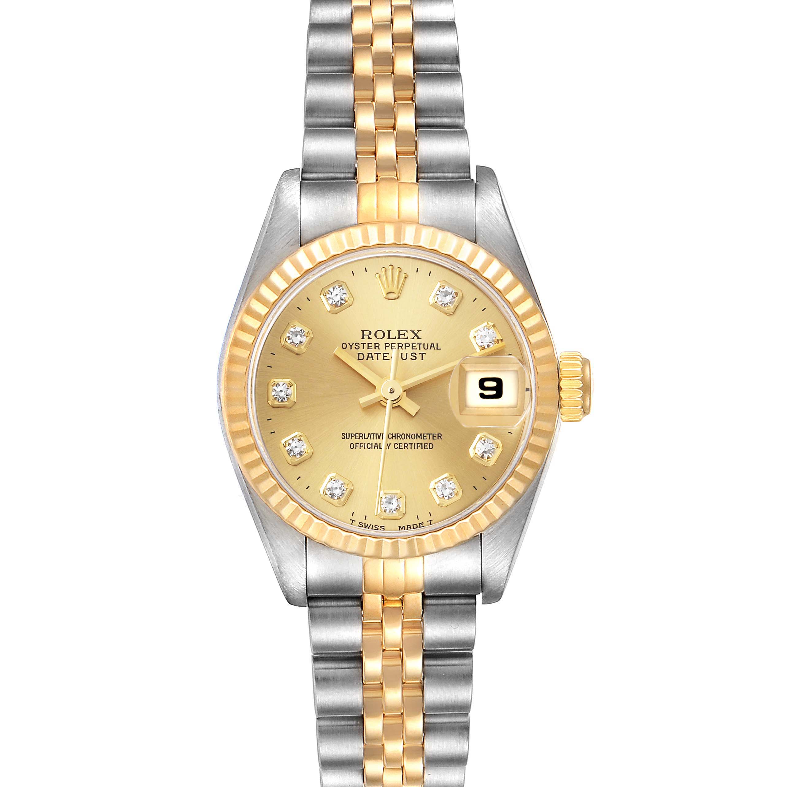This image shows a front view of a Rolex Datejust 69173 Women's Steel and Gold (two tone) Champagne Dial 69173 Women's Steel and Gold (two tone) Champagne Dial watch, featuring a gold dial with diamond hour markers and a two-tone bracelet.
