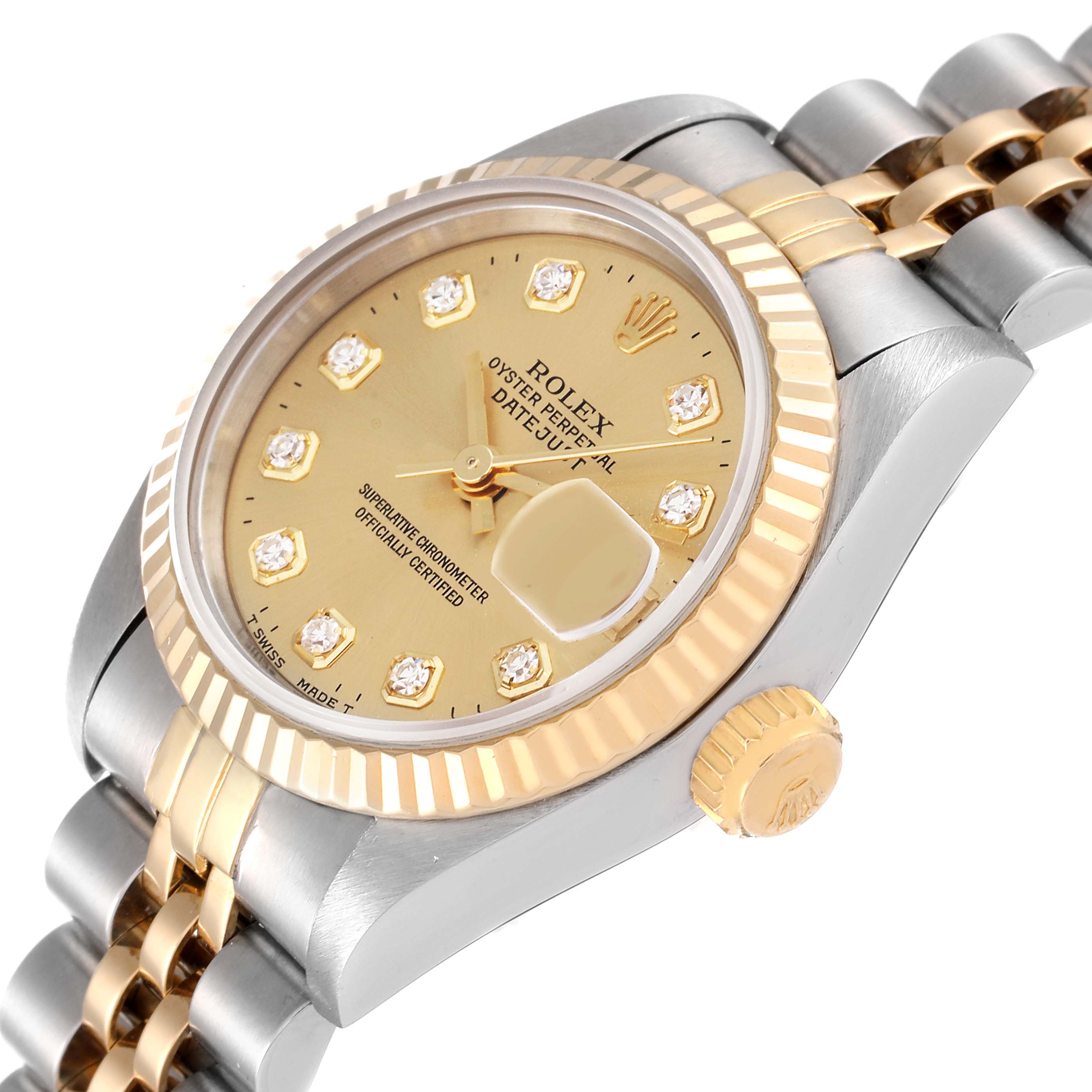 The image shows a close-up view of the face and bracelet of a Rolex Datejust 69173 Women's Steel and Gold (two tone) Champagne Dial 69173 Women's Steel and Gold (two tone) Champagne Dial watch, highlighting the dial, bezel, and crown.
