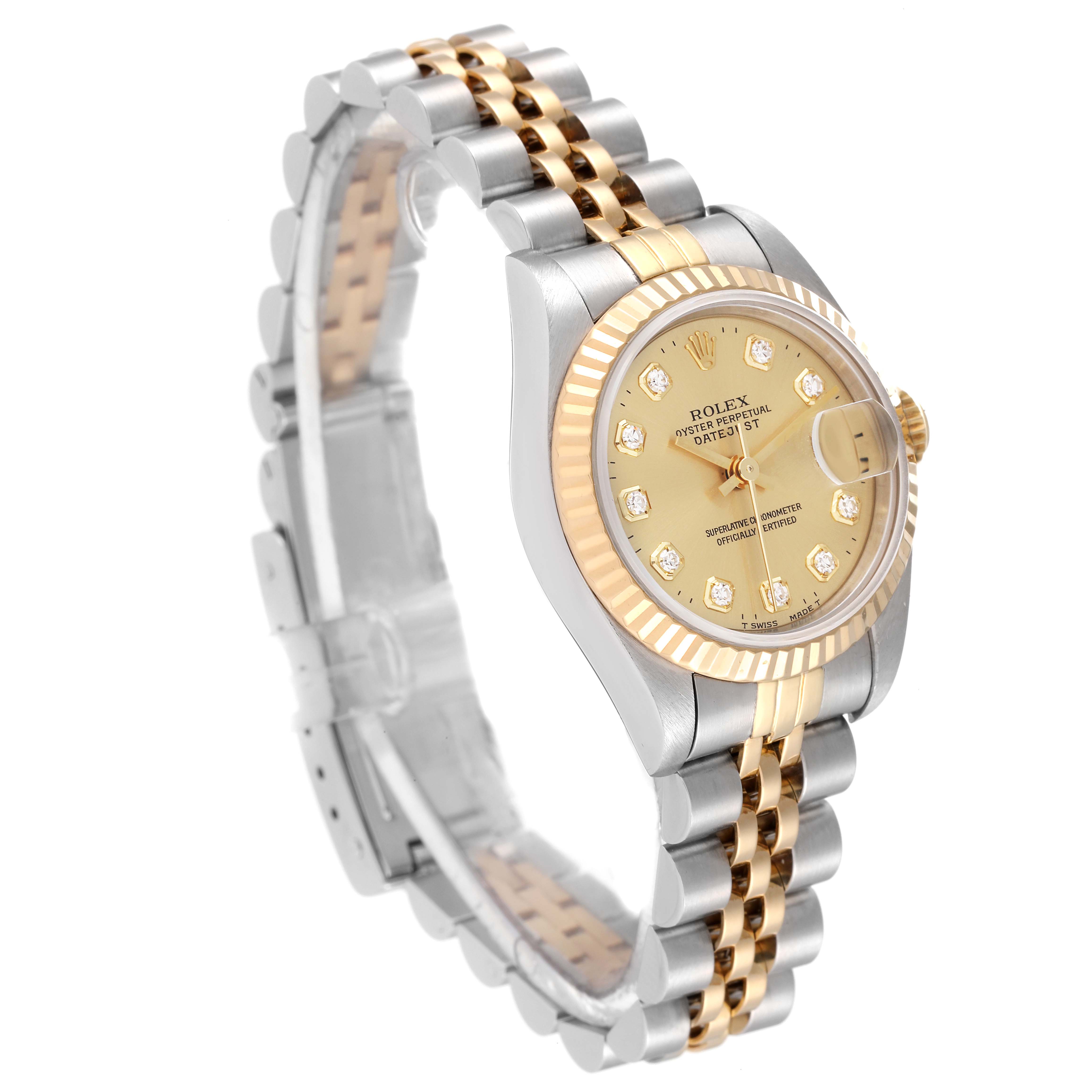 This image shows a Rolex Datejust 69173 Women's Steel and Gold (two tone) Champagne Dial 69173 Women's Steel and Gold (two tone) Champagne Dial watch at an angled view, highlighting the face, bezel, and two-tone bracelet.
