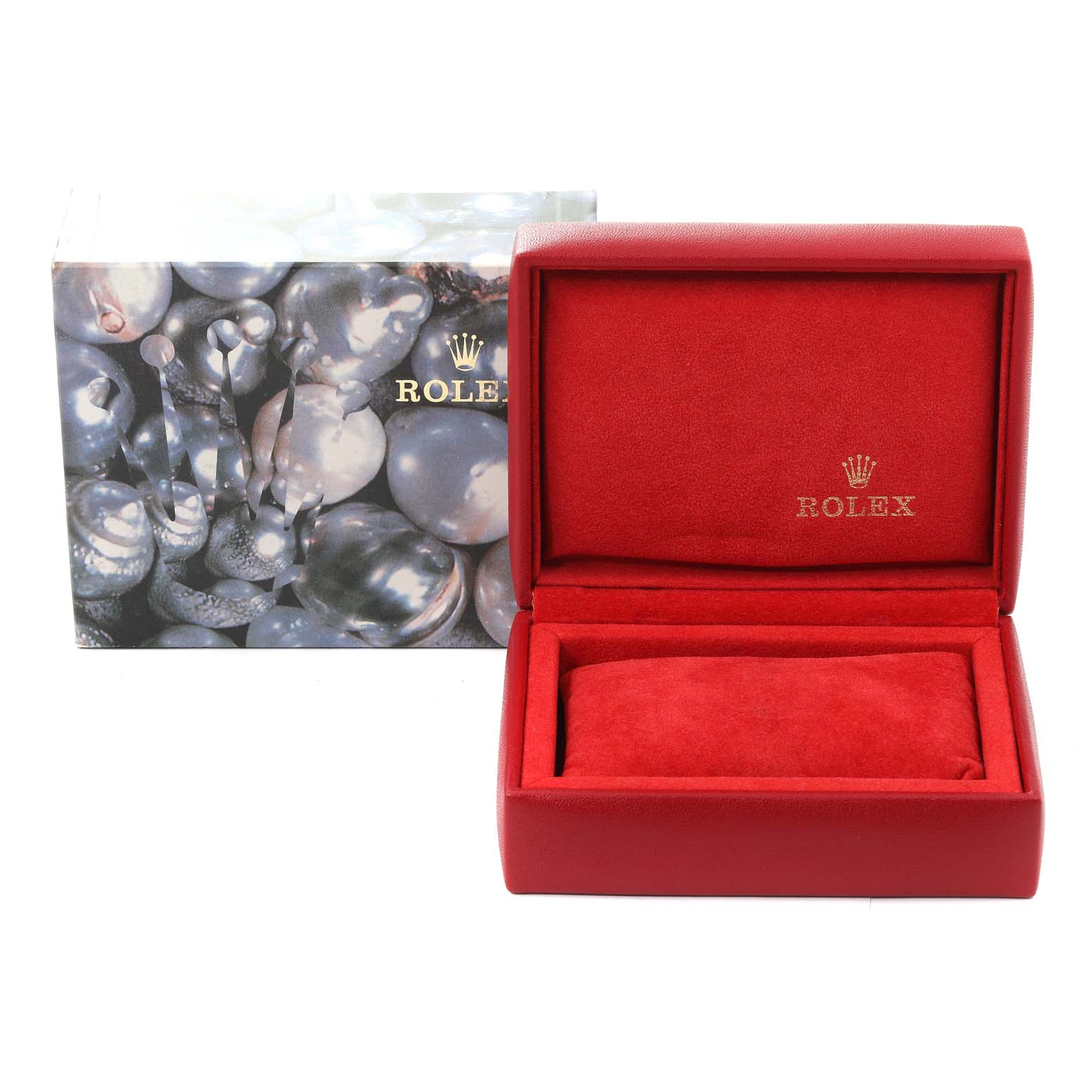 This image shows a Rolex Datejust 69173 Women's Steel and Gold (two tone) Champagne Dial 69173 Women's Steel and Gold (two tone) Champagne Dial watch box and packaging, with the box open to display the cushion inside.