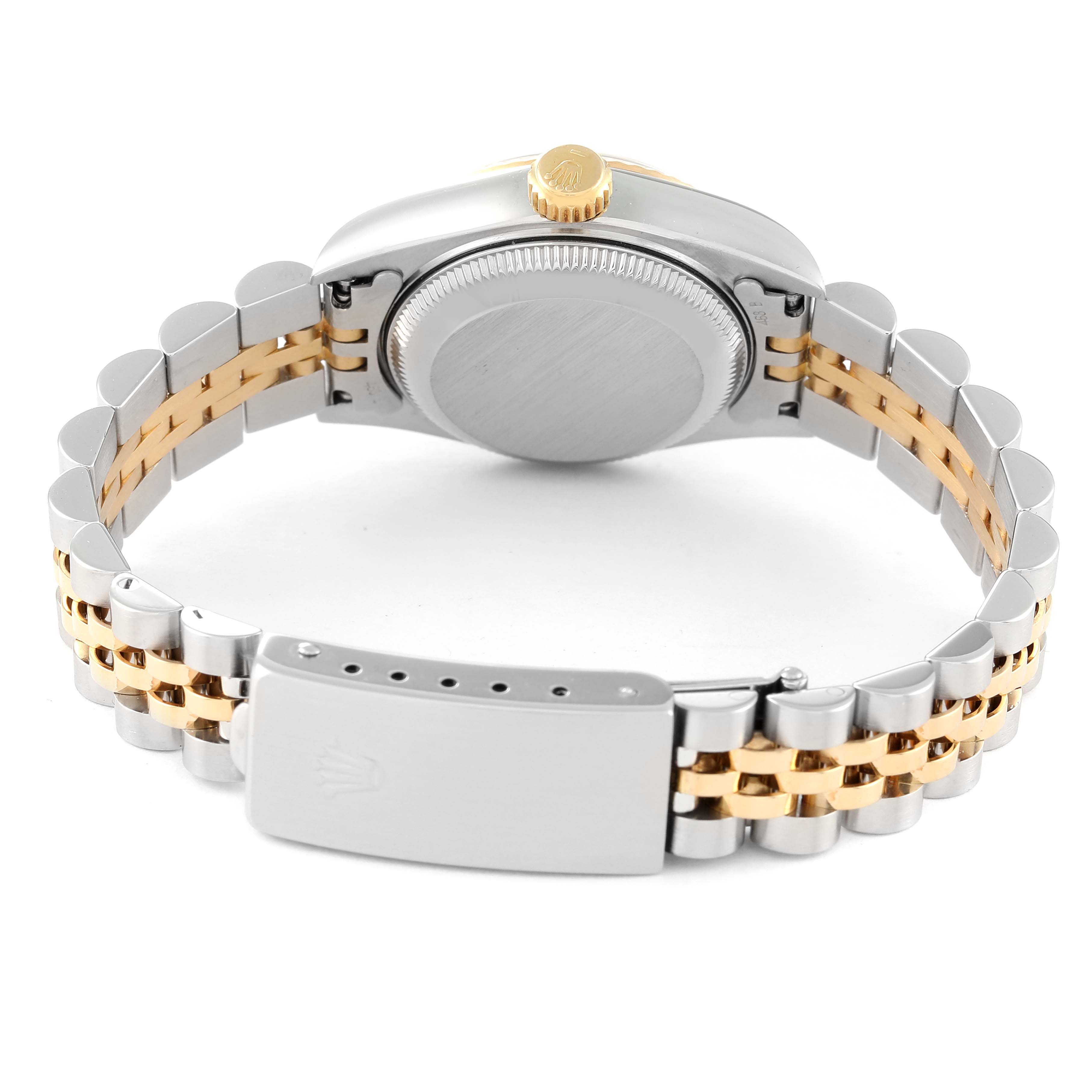 This image shows the back case and clasp of a Rolex Datejust 69173 Women's Steel and Gold (two tone) Champagne Dial 69173 Women's Steel and Gold (two tone) Champagne Dial model, featuring a two-tone bracelet design.