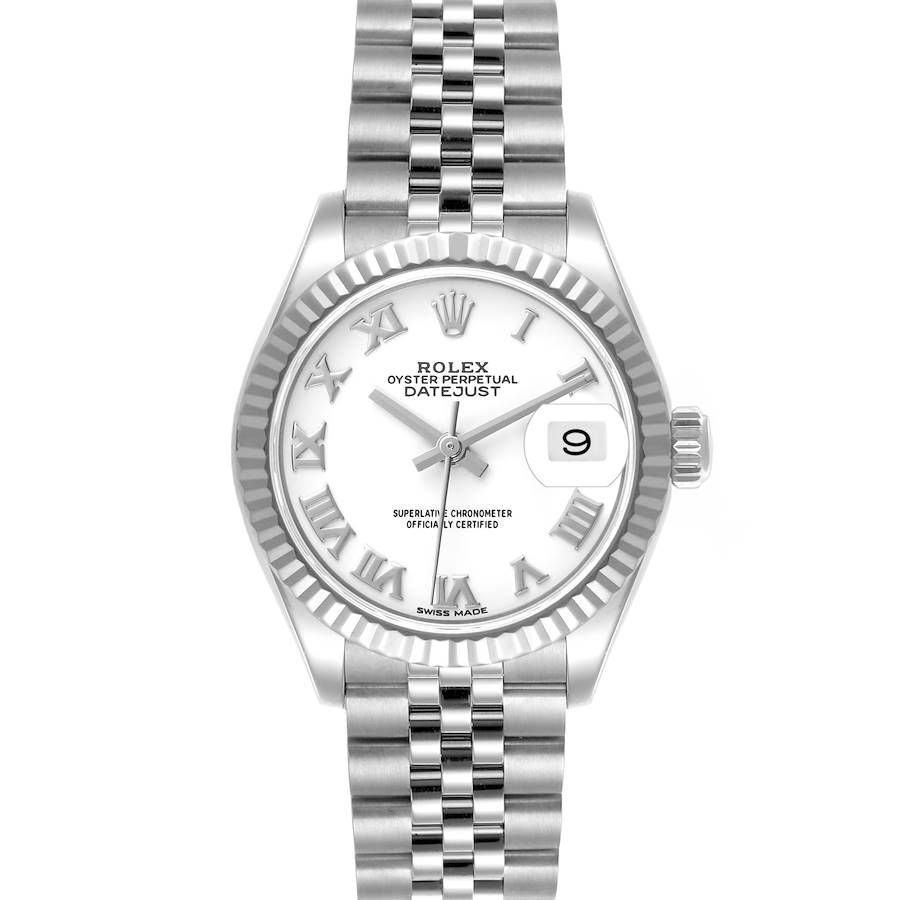 The Rolex Datejust watch is shown from a front view, highlighting the dial, bezel, and Jubilee bracelet.