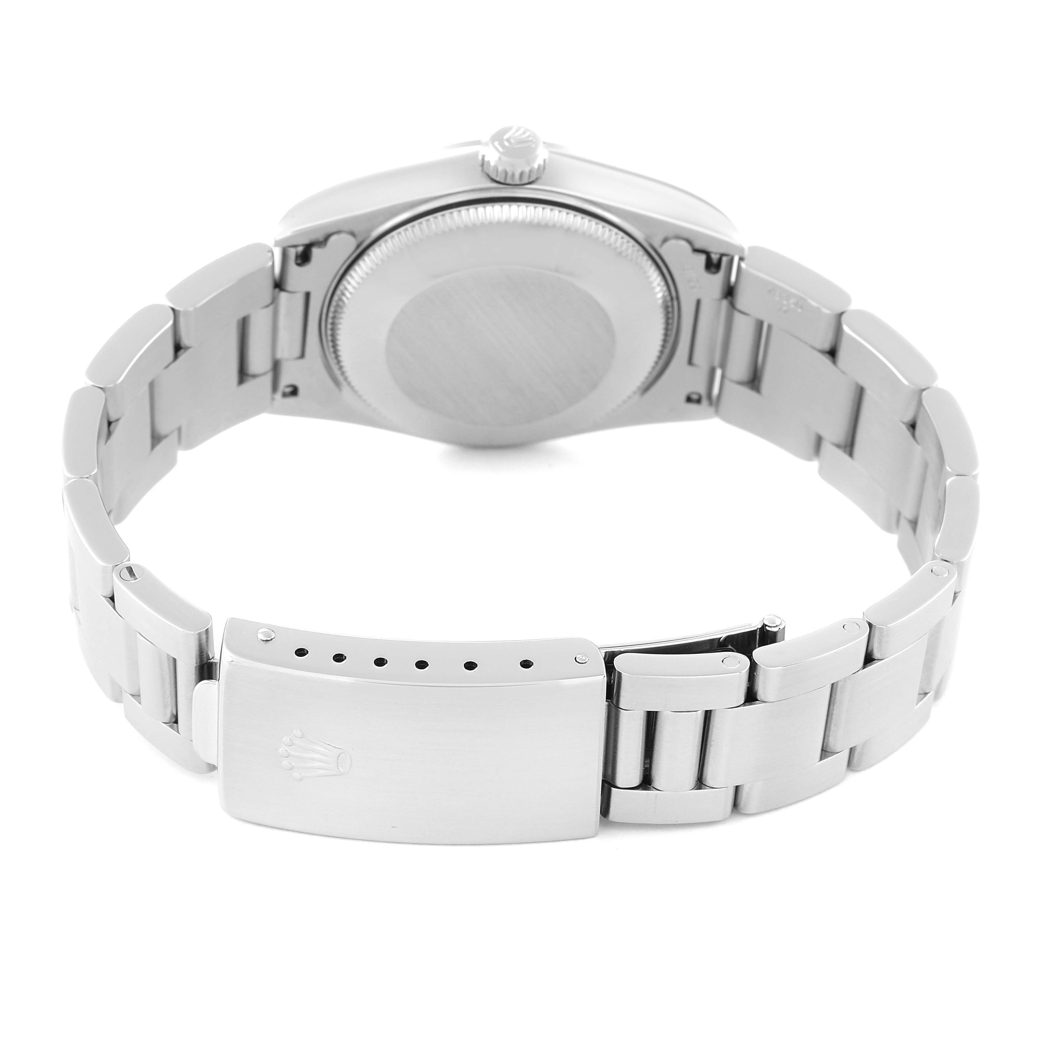 The image shows the backside of the Mid-Size Rolex watch, highlighting the case back and bracelet with the clasp.