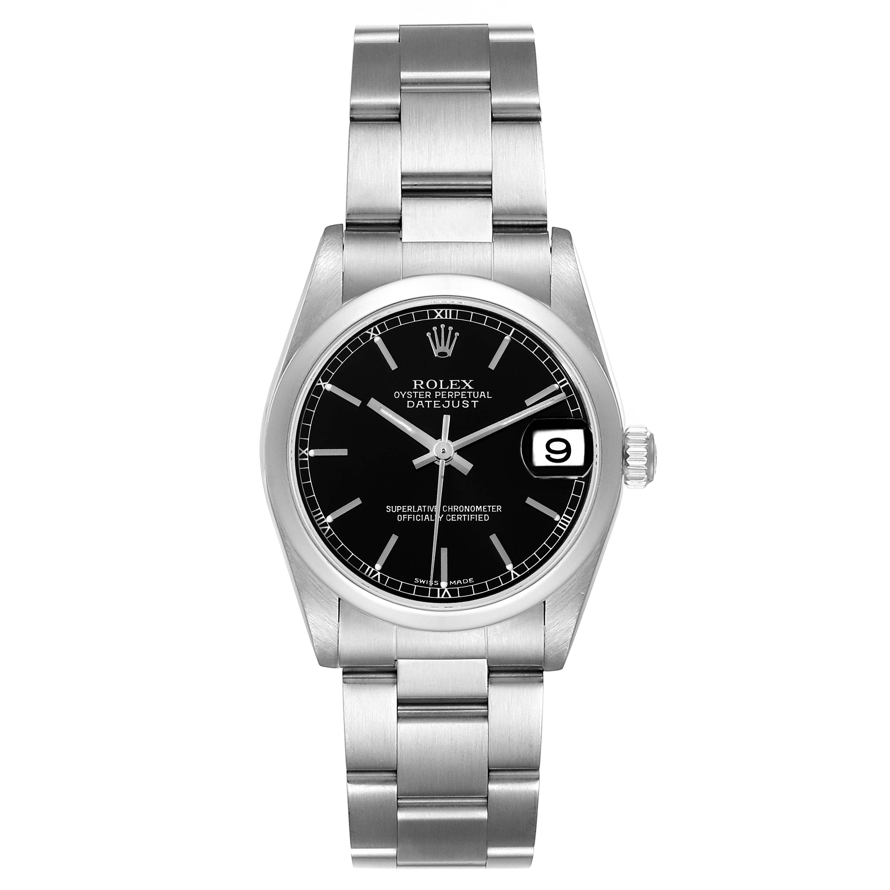 This image shows a front view of the Rolex Mid-Size 78240 Women's Stainless Steel Black Dial 78240 Women's Stainless Steel Black Dial Oyster Perpetual Datejust watch, detailing its dial, bracelet, and date window.