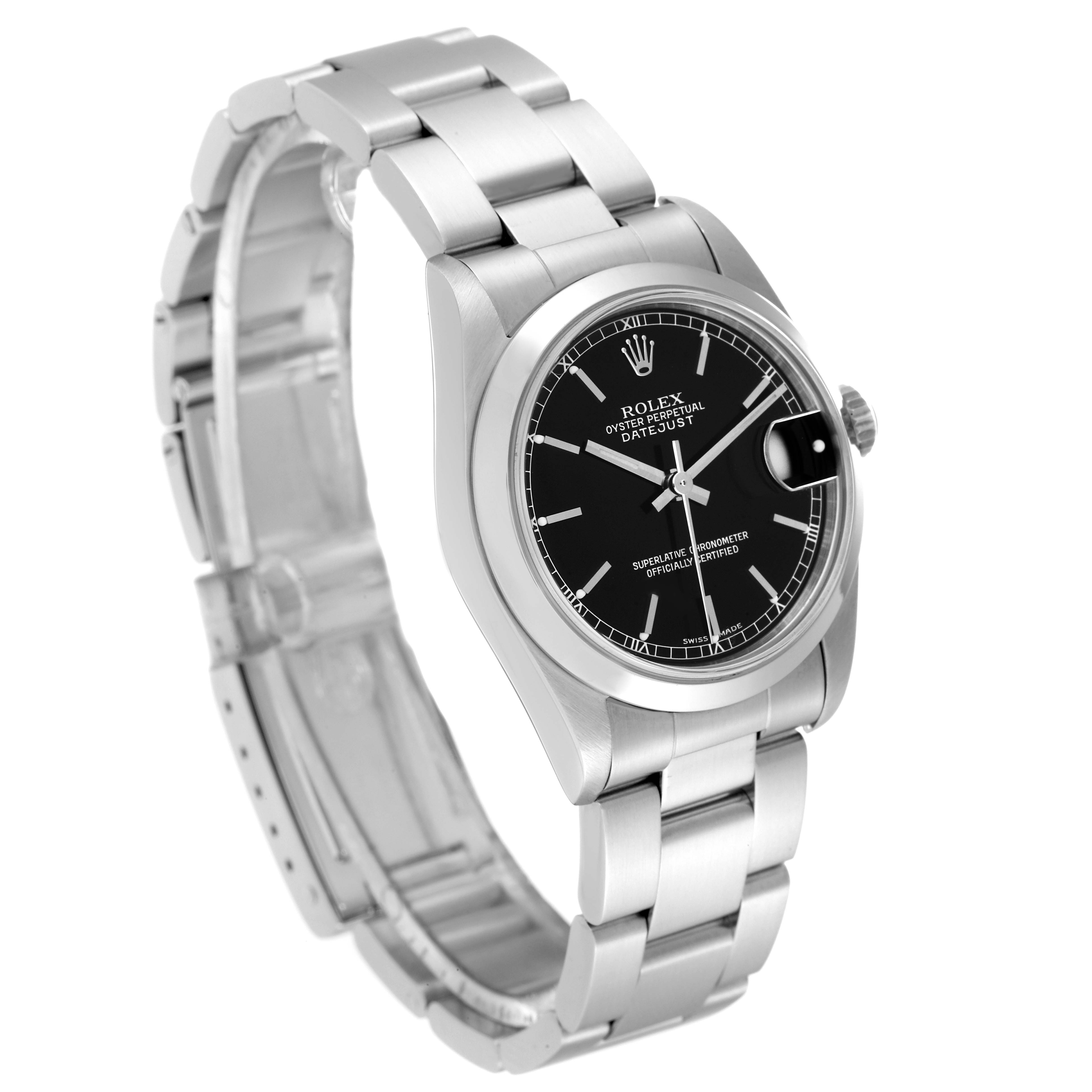 The image shows a Mid-Size Rolex Datejust watch from an angled front view highlighting the dial, bezel, crown, and bracelet.