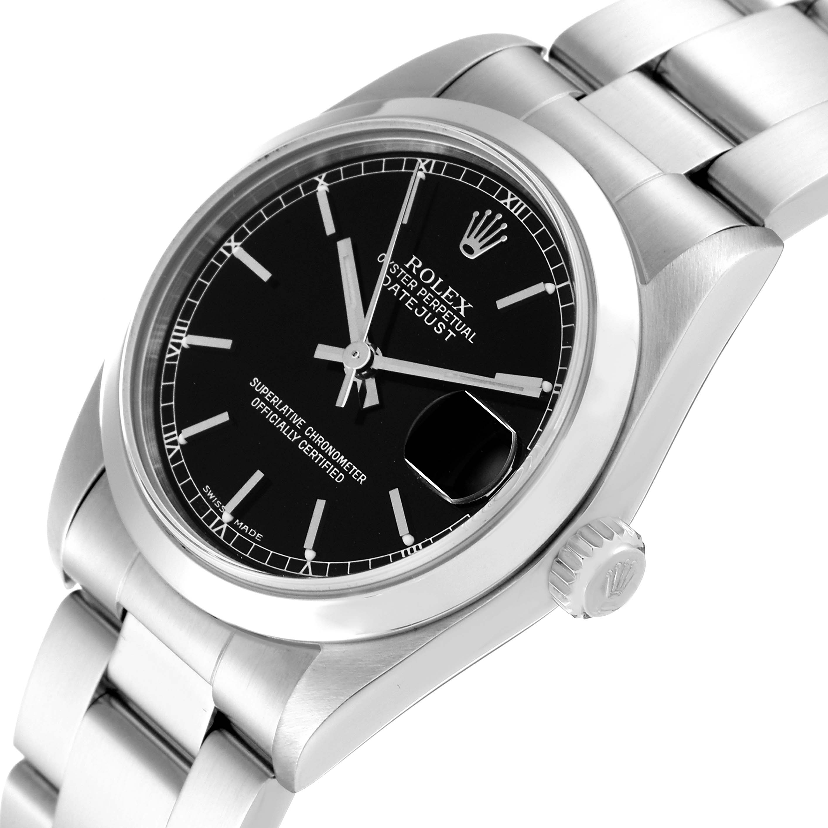 The image shows a Rolex Mid-Size 78240 Women's Stainless Steel Black Dial 78240 Women's Stainless Steel Black Dial Datejust watch, angled to display the face, bezel, crown, and part of the bracelet.