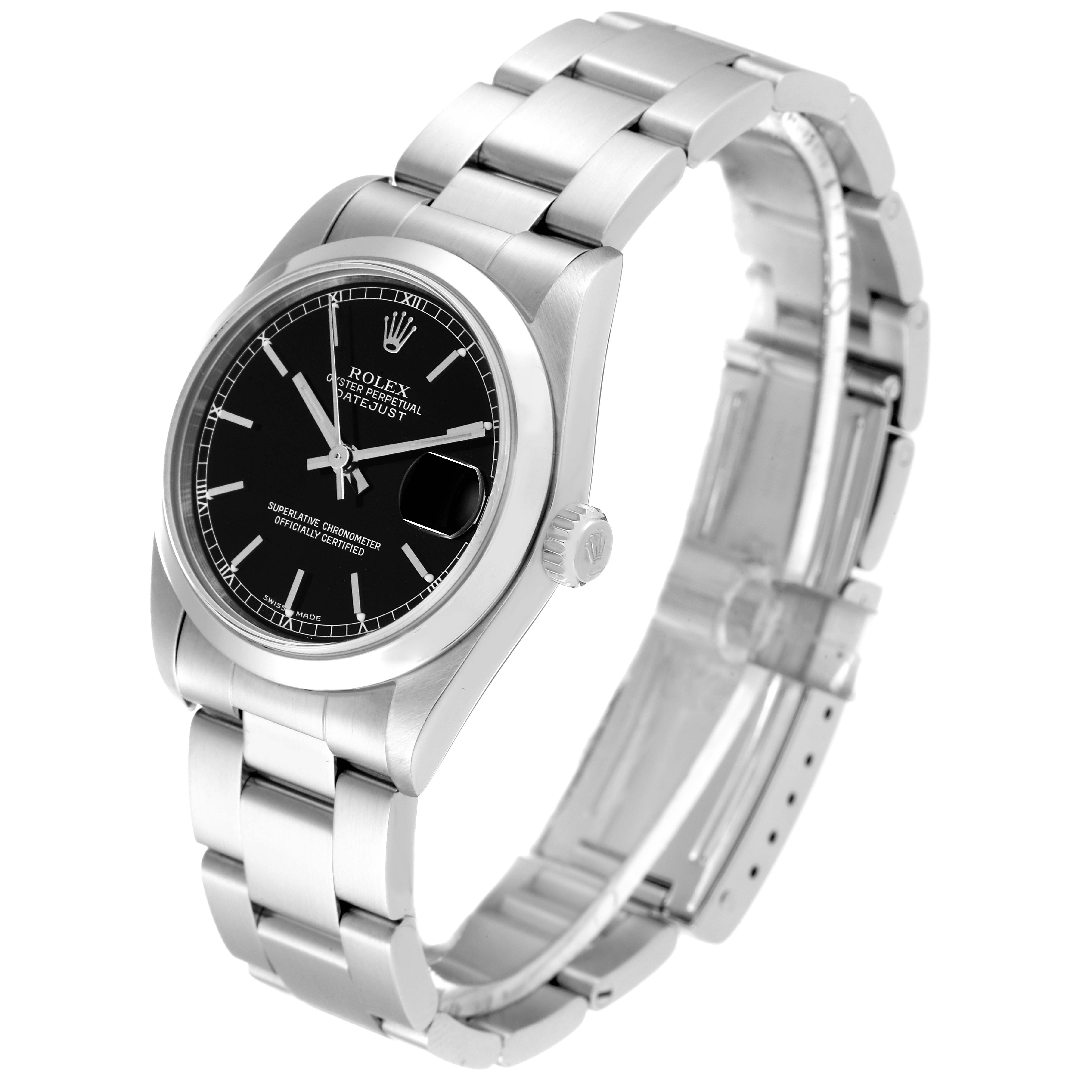 The image shows a Rolex Mid-Size 78240 Women's Stainless Steel Black Dial 78240 Women's Stainless Steel Black Dial Datejust watch from an angled side view, highlighting the dial, bracelet, and crown.