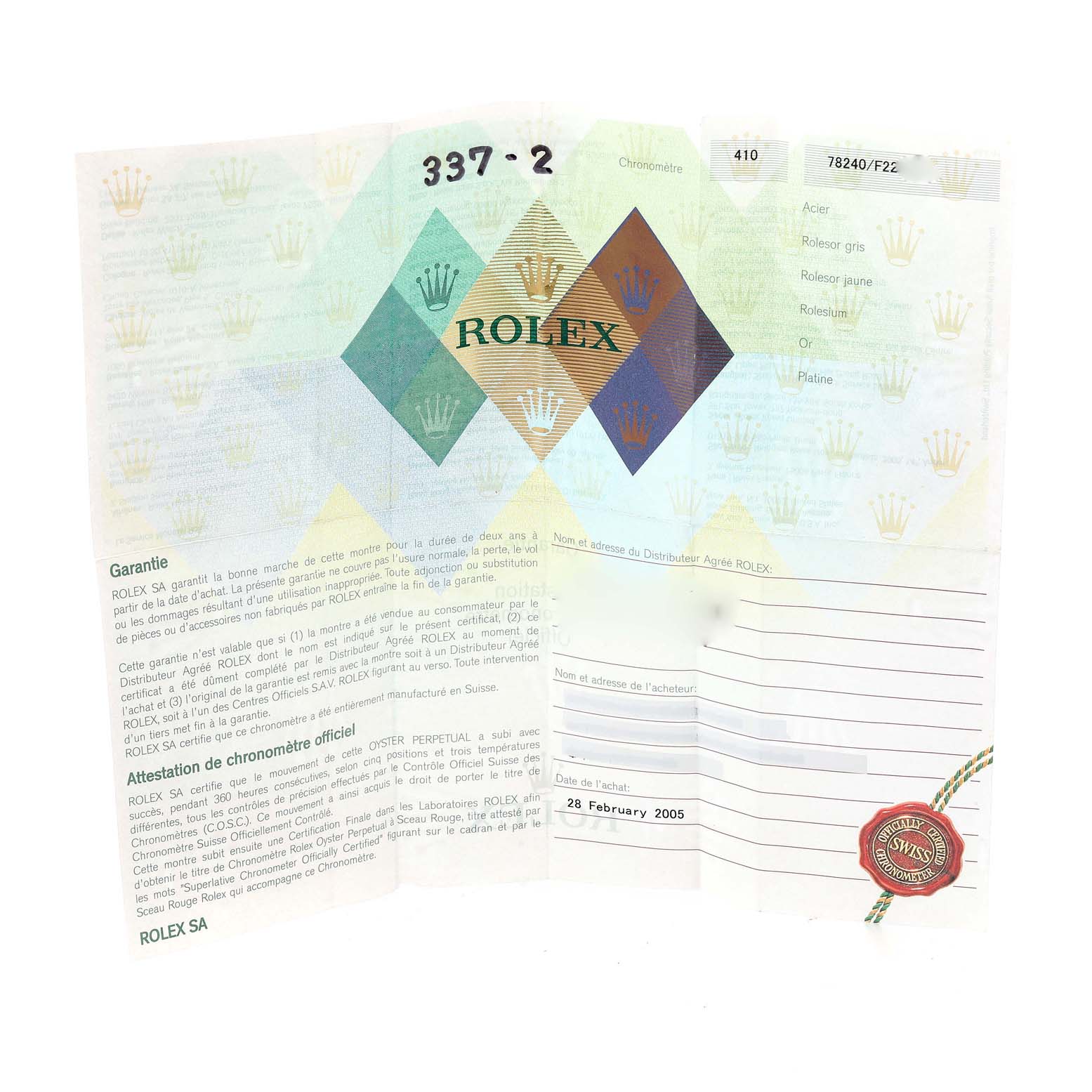 The image shows the warranty and certificate document for a Rolex Mid-Size 78240 Women's Stainless Steel Black Dial 78240 Women's Stainless Steel Black Dial model, featuring the Rolex logo and purchase details.