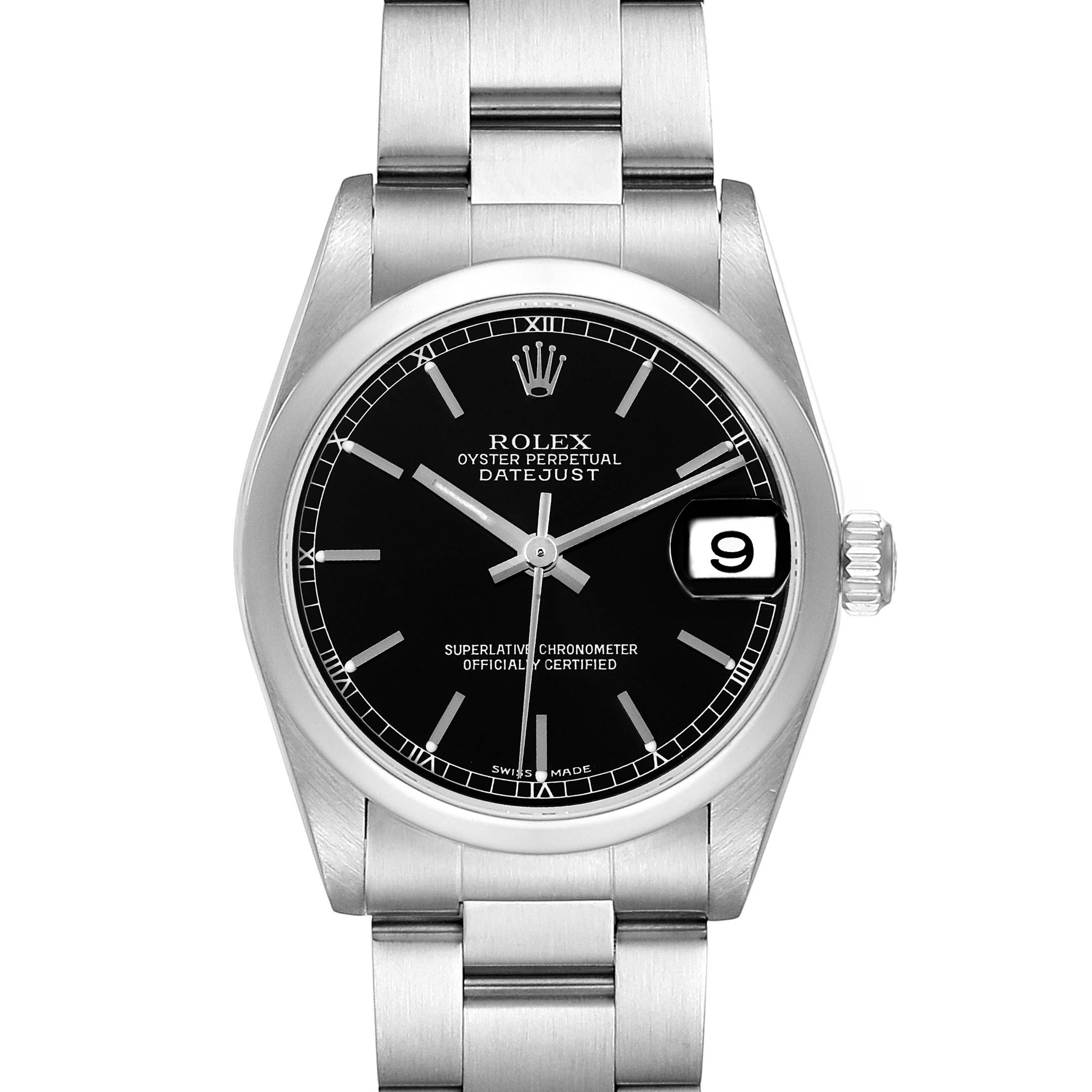 This image shows a front view of a Rolex Mid-Size 78240 Women's Stainless Steel Black Dial 78240 Women's Stainless Steel Black Dial Datejust, highlighting the dial, bezel, crown, and bracelet.