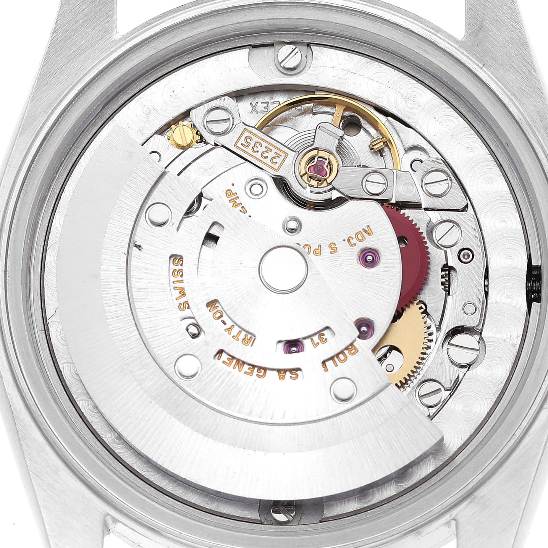 This image shows the internal mechanism of a mid-size Rolex watch from a rear angle, highlighting its intricate components.