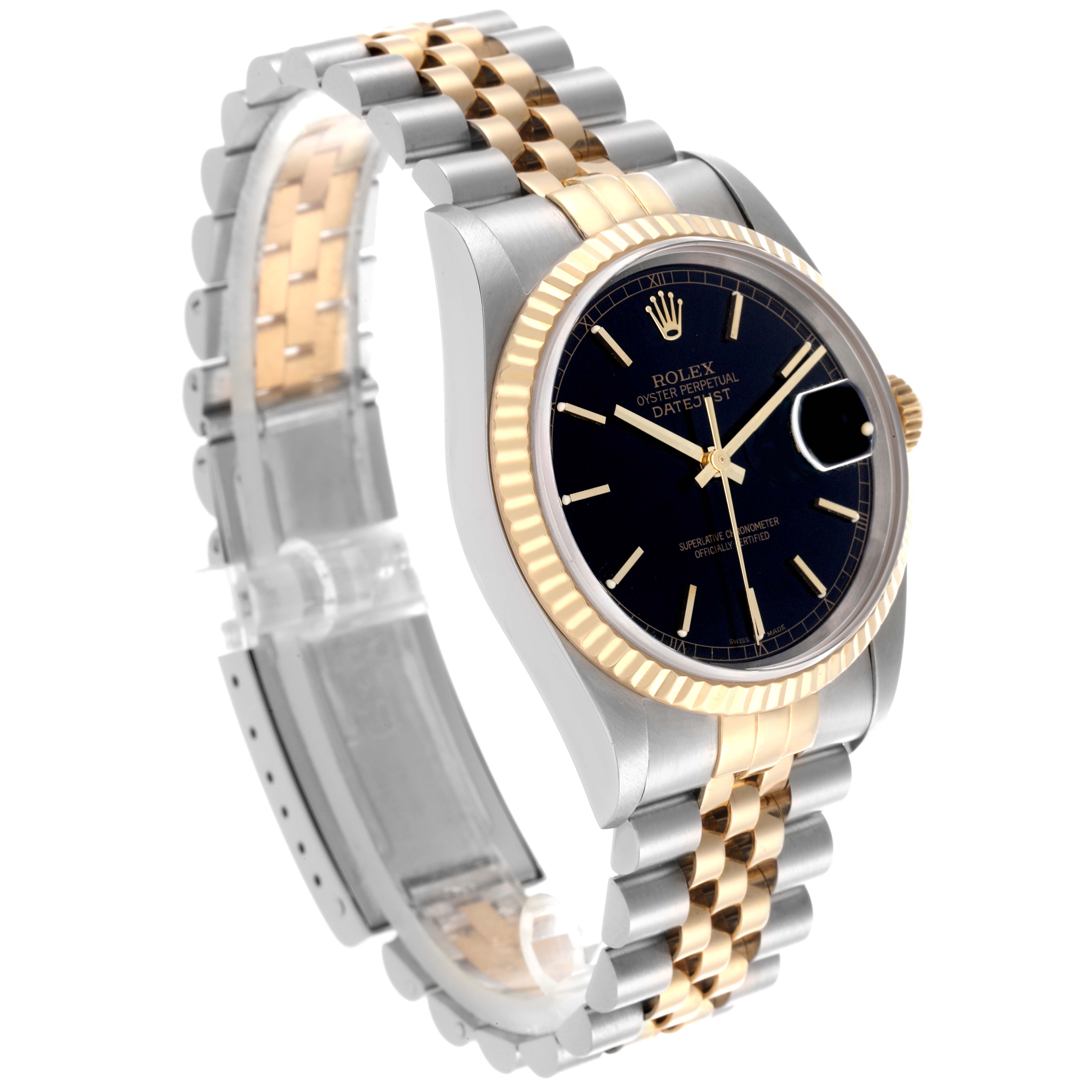 The Rolex Datejust 16233 Men's Steel and Gold (two tone) Black Dial 16233 Men's Steel and Gold (two tone) Black Dial watch is shown at a three-quarter angle, highlighting the bezel, face, and two-tone bracelet.