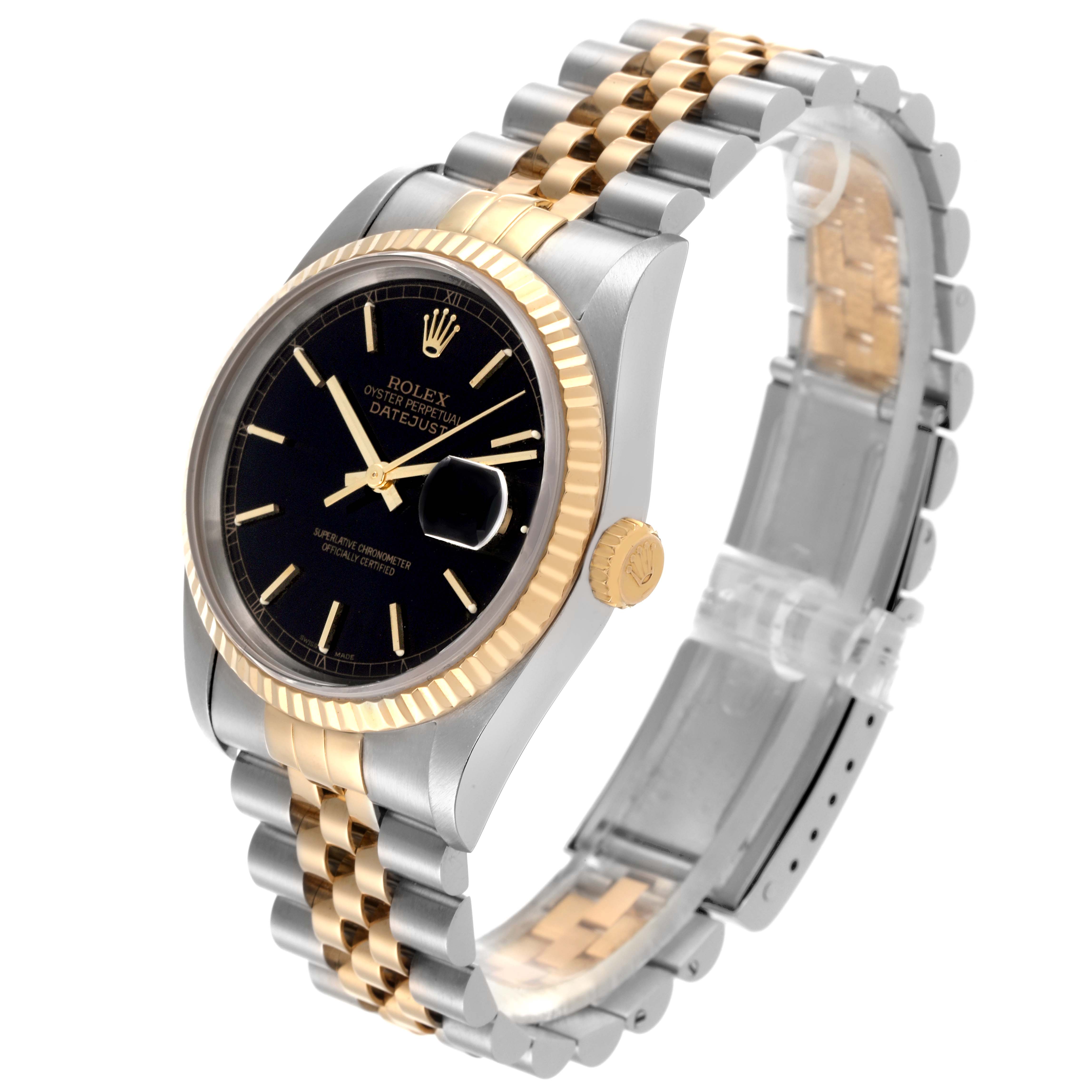 The Rolex Datejust 16233 Men's Steel and Gold (two tone) Black Dial 16233 Men's Steel and Gold (two tone) Black Dial watch is shown at a three-quarter angle, displaying the bezel, face, crown, and bracelet.