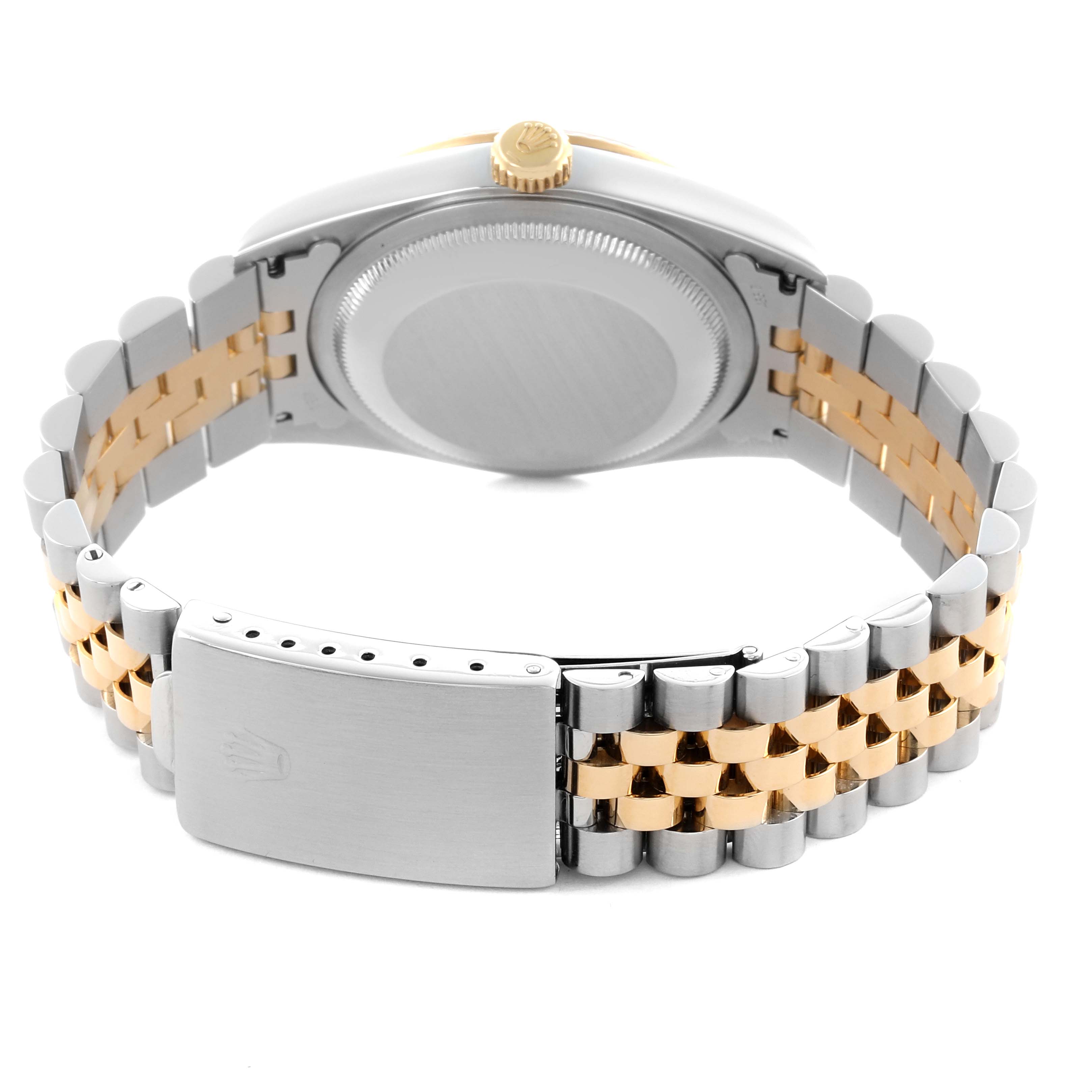 The image shows a rear view of the Rolex Datejust 16233 Men's Steel and Gold (two tone) Black Dial 16233 Men's Steel and Gold (two tone) Black Dial watch, highlighting the clasp, bracelet, and case back.