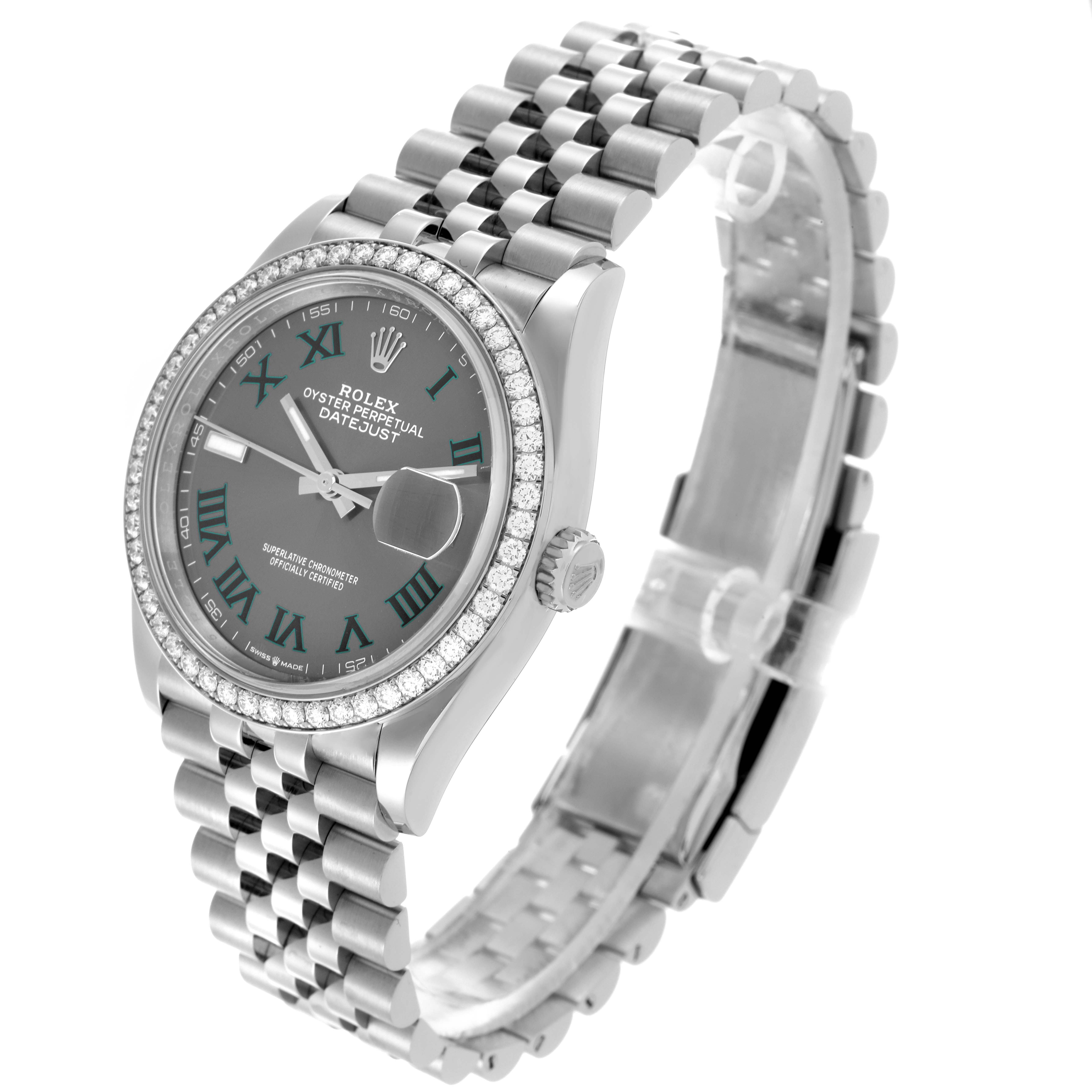 The Rolex Datejust 126284RBR Men's Stainless Steel Grey Dial 126284RBR Men's Stainless Steel Grey Dial is shown from a front-left angle, highlighting the dial, bezel, and bracelet.
