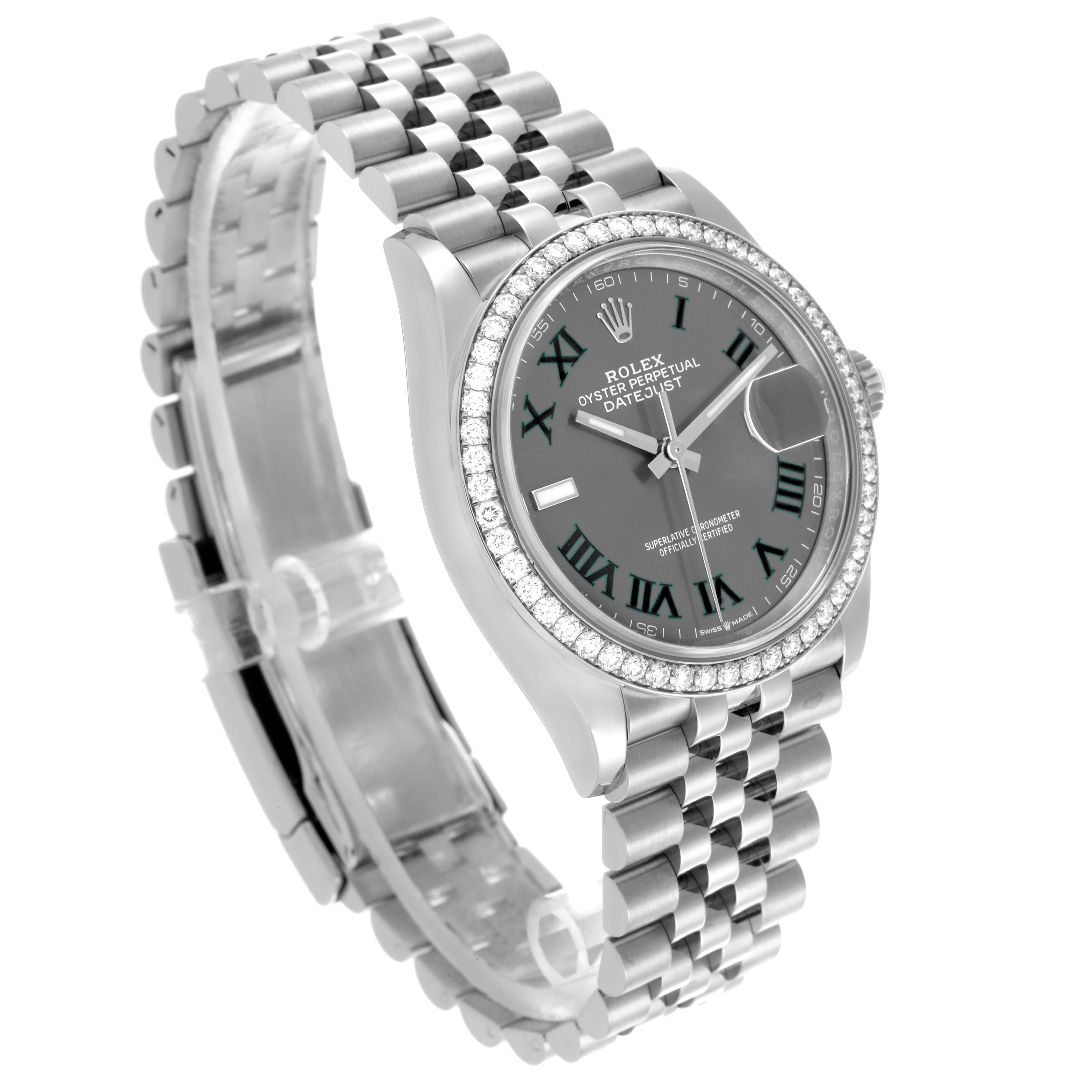 The Rolex Datejust 126284RBR Men's Stainless Steel Grey Dial 126284RBR Men's Stainless Steel Grey Dial is shown at a slight angle, highlighting its face, bezel, and jubilee bracelet.