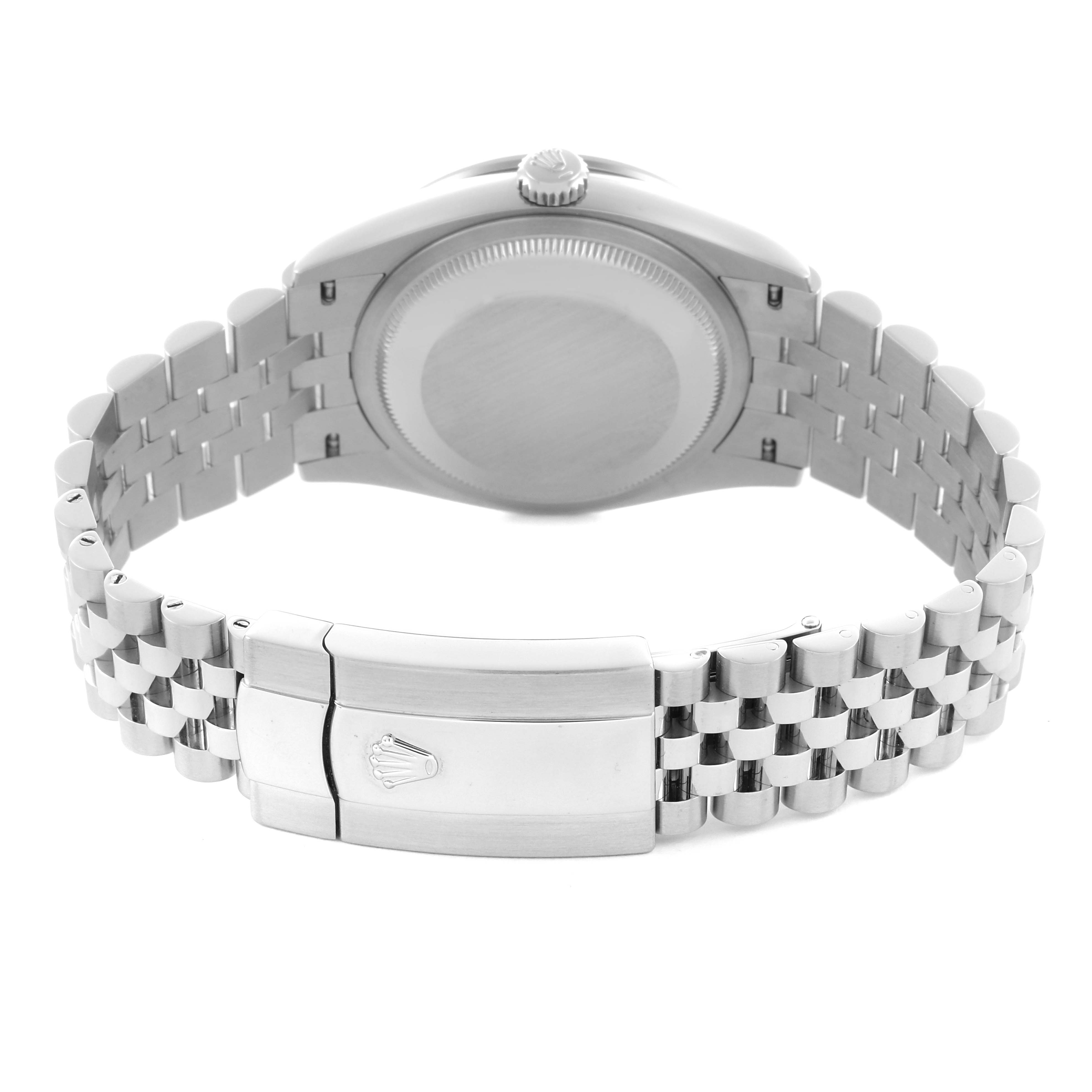 The image shows the back view and bracelet clasp of a Rolex Datejust 126284RBR Men's Stainless Steel Grey Dial 126284RBR Men's Stainless Steel Grey Dial watch.