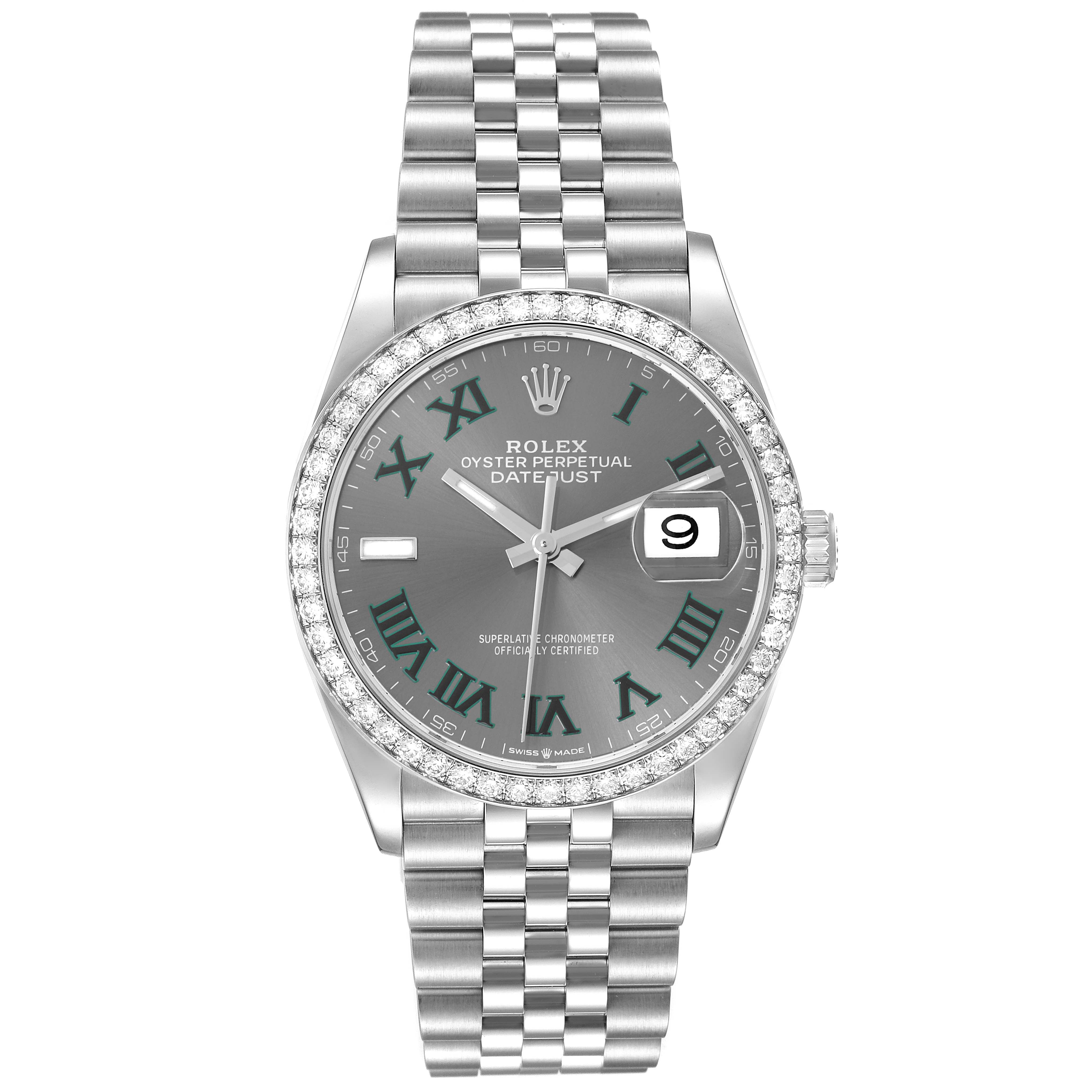 The Rolex Datejust 126284RBR Men's Stainless Steel Grey Dial 126284RBR Men's Stainless Steel Grey Dial watch is shown from the front, displaying the face, bezel, and bracelet.