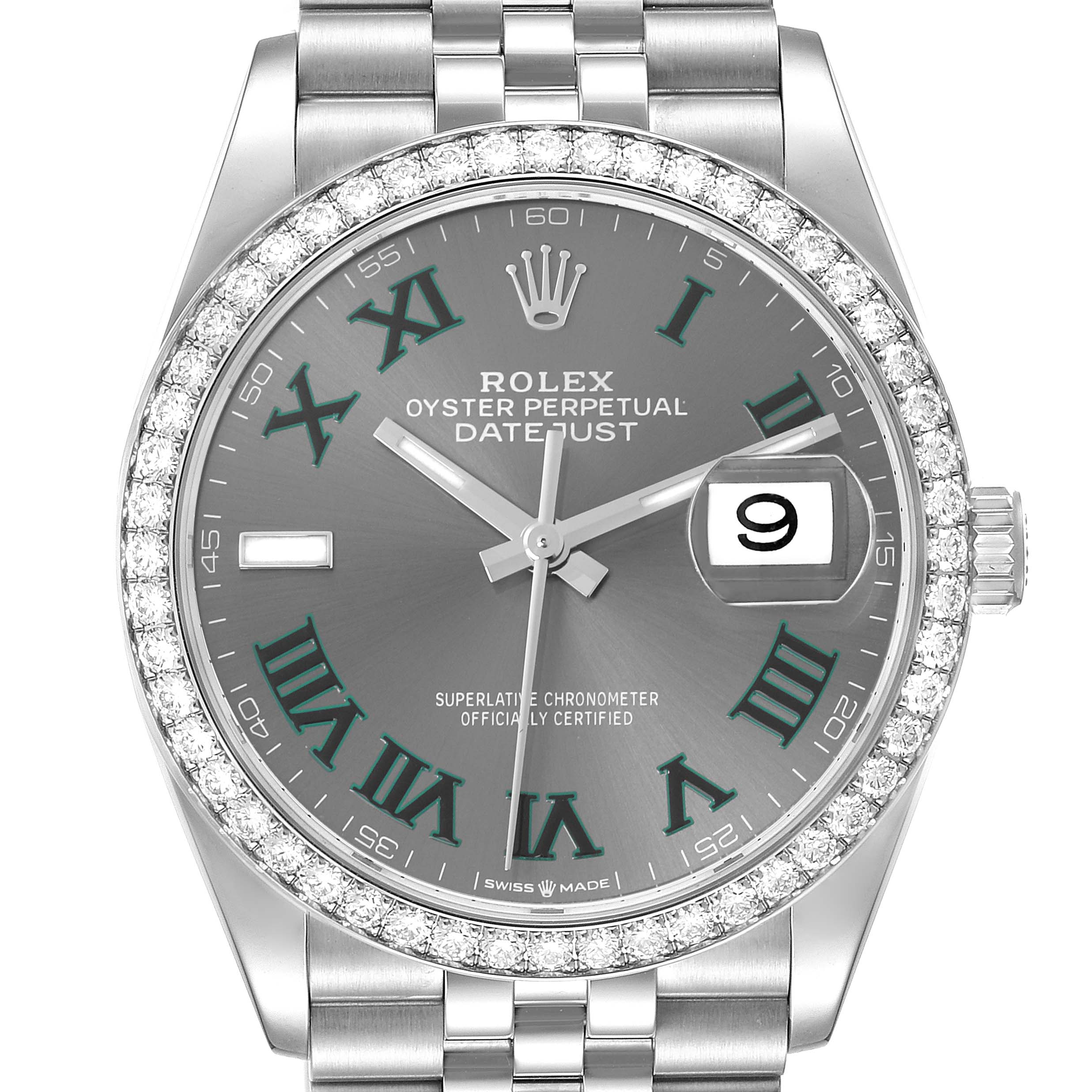 The Rolex Datejust 126284RBR Men's Stainless Steel Grey Dial 126284RBR Men's Stainless Steel Grey Dial watch is shown from the front, highlighting the dial, bezel, and part of the bracelet.