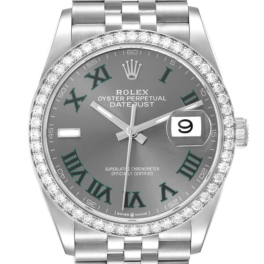 The Rolex Datejust watch is shown from the front, highlighting the dial, bezel, and part of the bracelet.