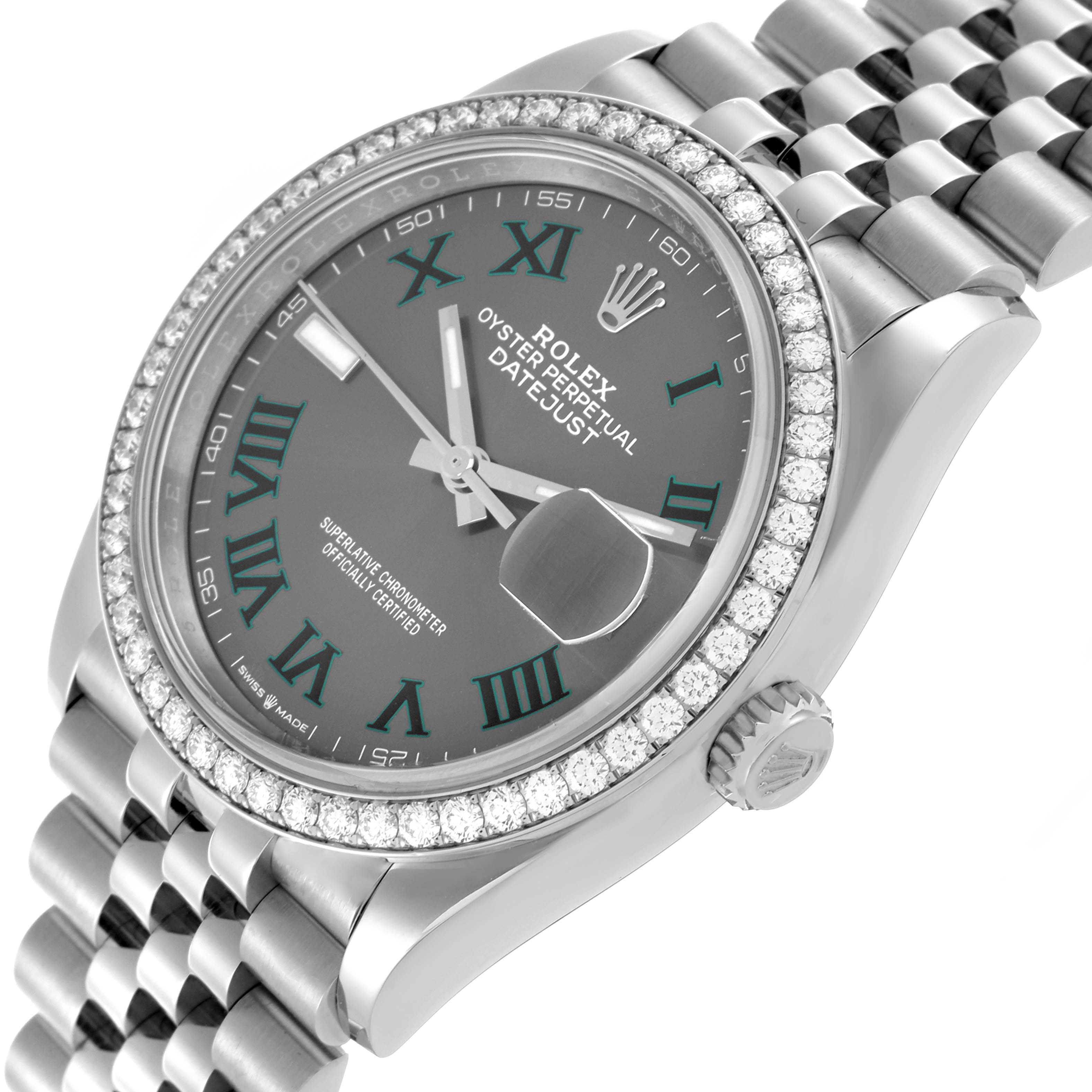 The Rolex Datejust 126284RBR Men's Stainless Steel Grey Dial 126284RBR Men's Stainless Steel Grey Dial watch is shown at a three-quarter angle, featuring the face, bezel, and part of the bracelet.
