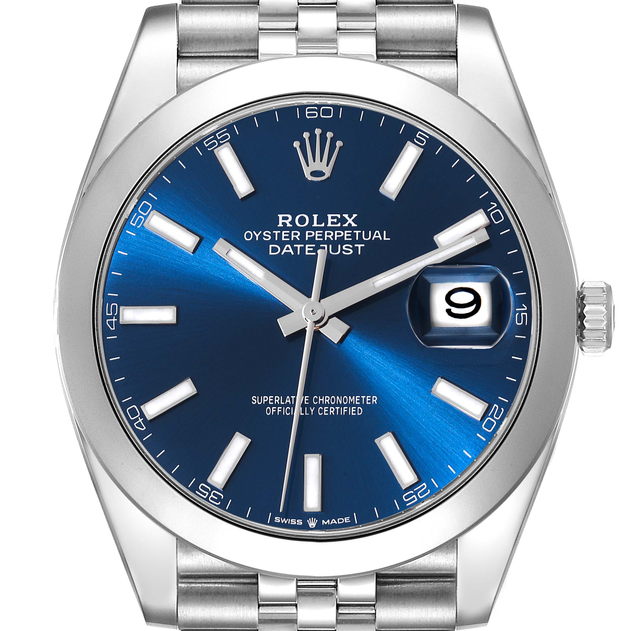 The image shows a front view of a Rolex Datejust 41 126300 Men
s Stainless Steel Blue Dial 126300 Men
s Stainless Steel Blue Dial watch, highlighting its blue dial, date window, and silver bracelet.