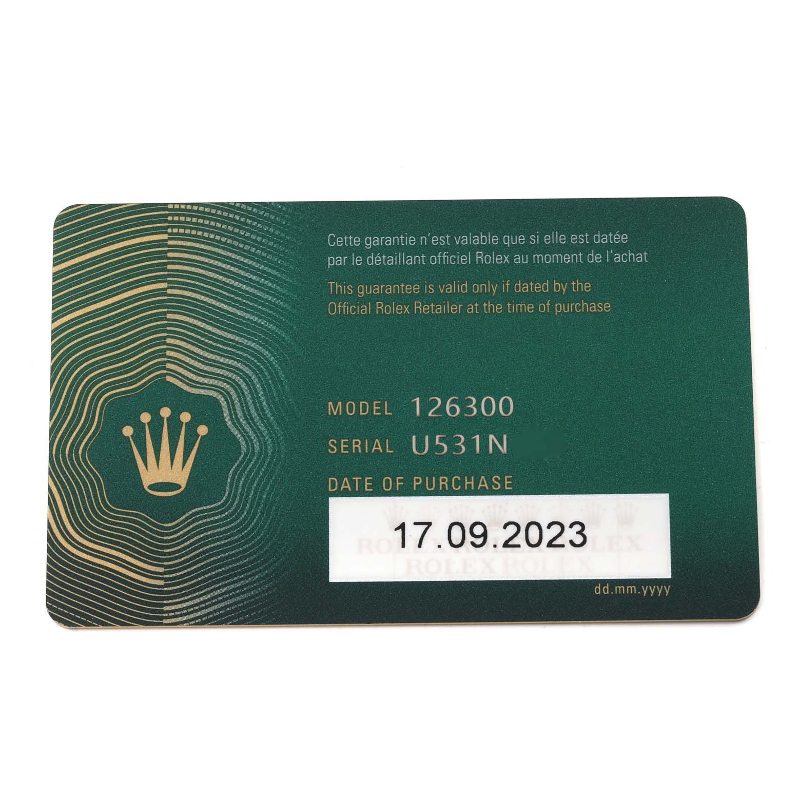 This image shows the warranty card for the Rolex Datejust 41 126300 Men
s Stainless Steel Blue Dial 126300 Men
s Stainless Steel Blue Dial model 126300, featuring the purchase date.