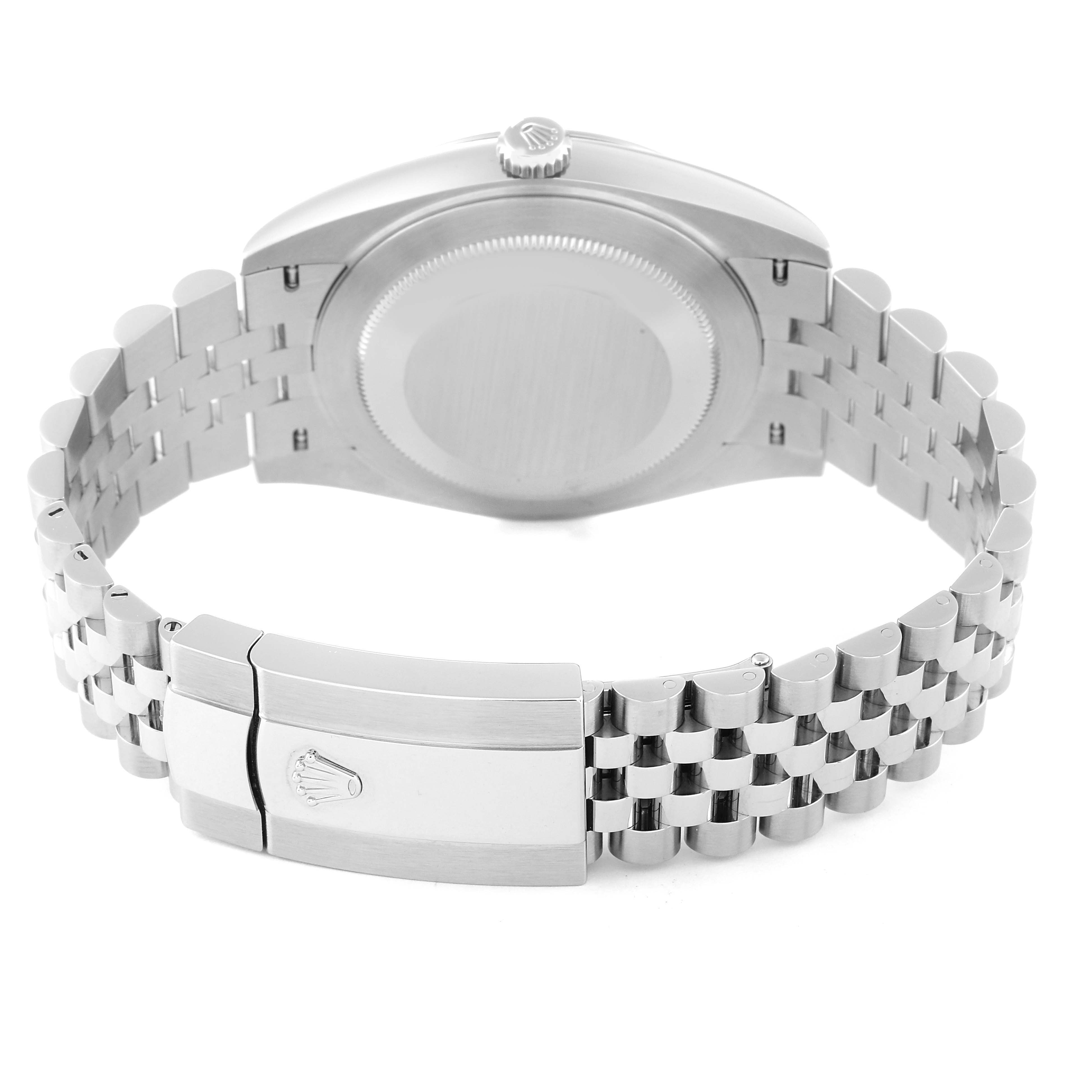 The image shows the back and clasp of the Rolex Datejust 41 126300 Men
s Stainless Steel Blue Dial 126300 Men
s Stainless Steel Blue Dial watch, angled to display the bracelet and caseback.