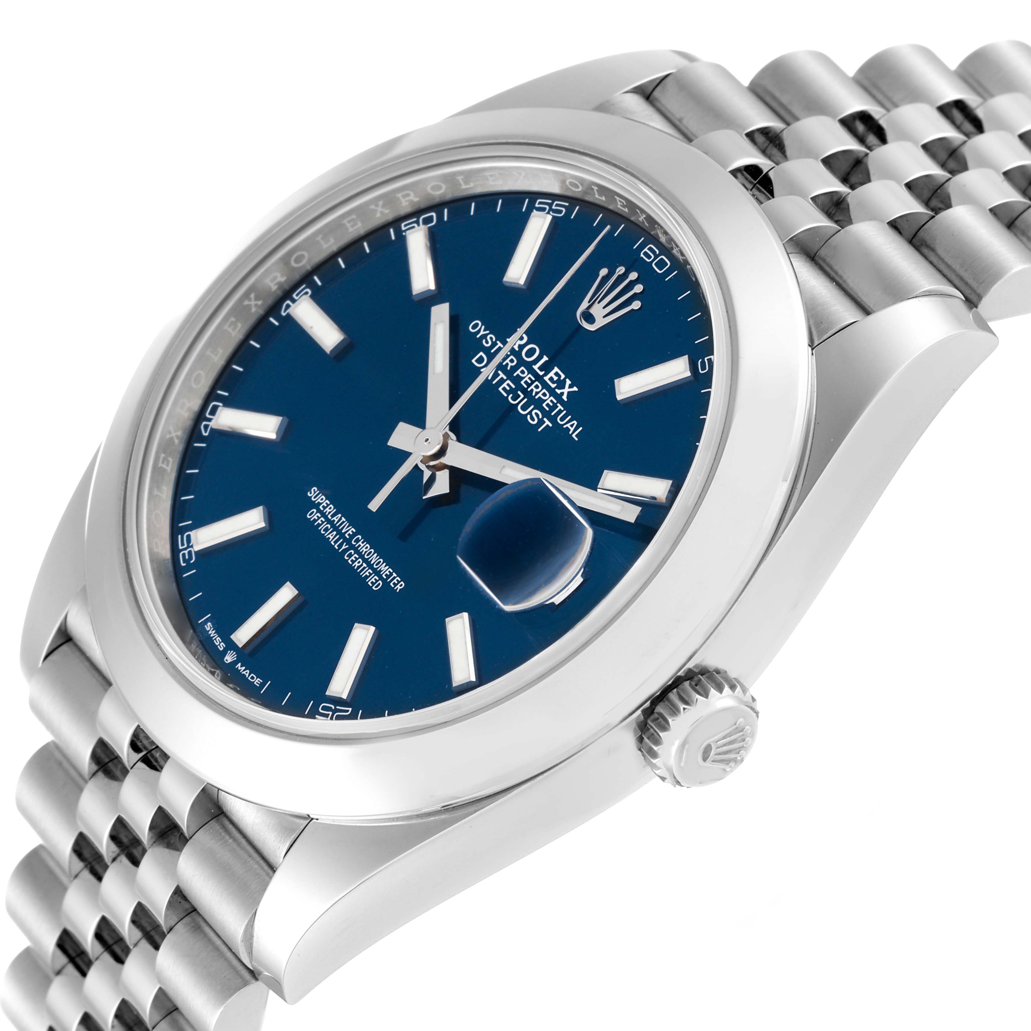 This image shows a Rolex Datejust 41 126300 Men
s Stainless Steel Blue Dial 126300 Men
s Stainless Steel Blue Dial watch at an angled close-up, highlighting the blue dial, case, bezel, and bracelet.