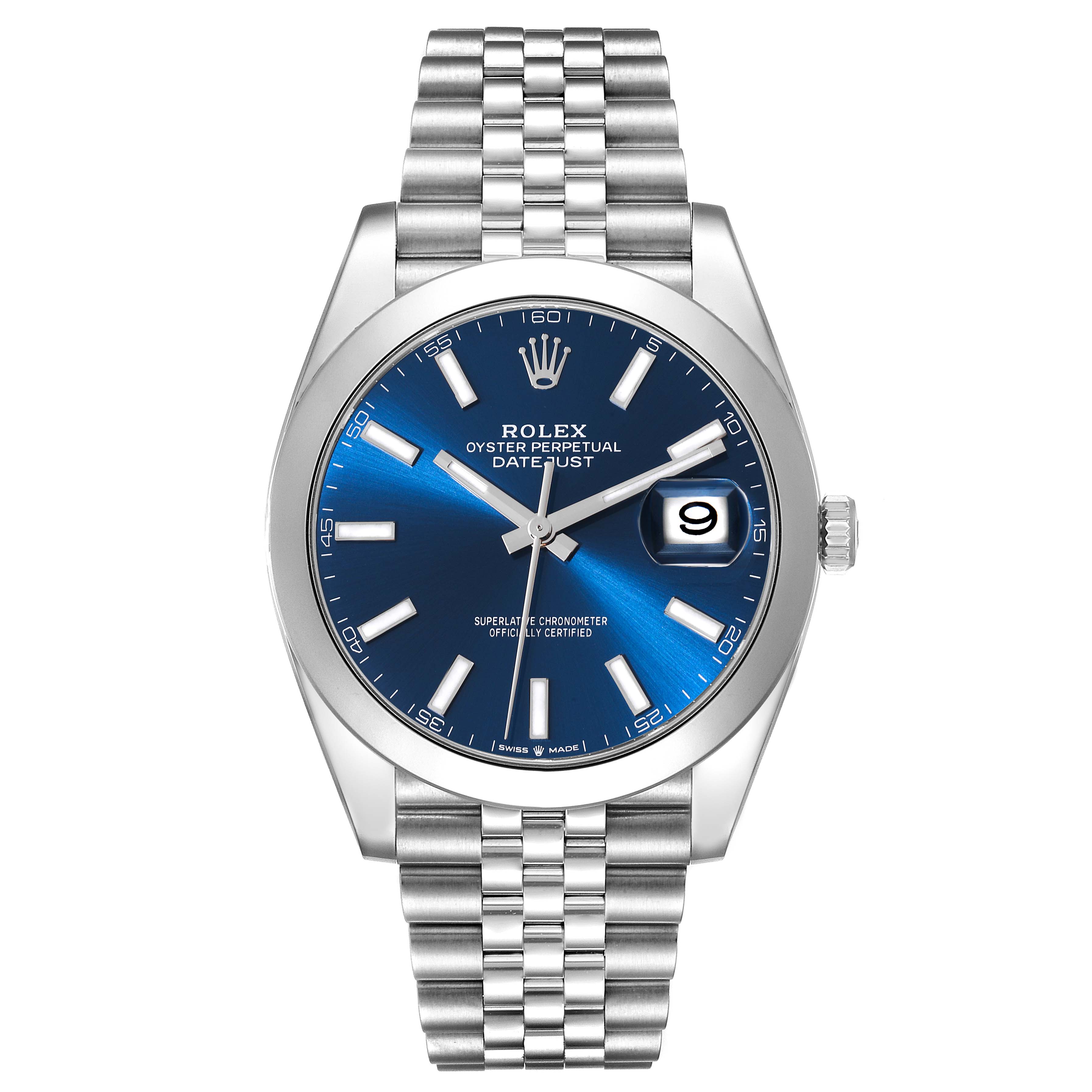 This image shows a front view of the Rolex Datejust 41 126300 Men
s Stainless Steel Blue Dial 126300 Men
s Stainless Steel Blue Dial watch with a blue dial and Jubilee bracelet.