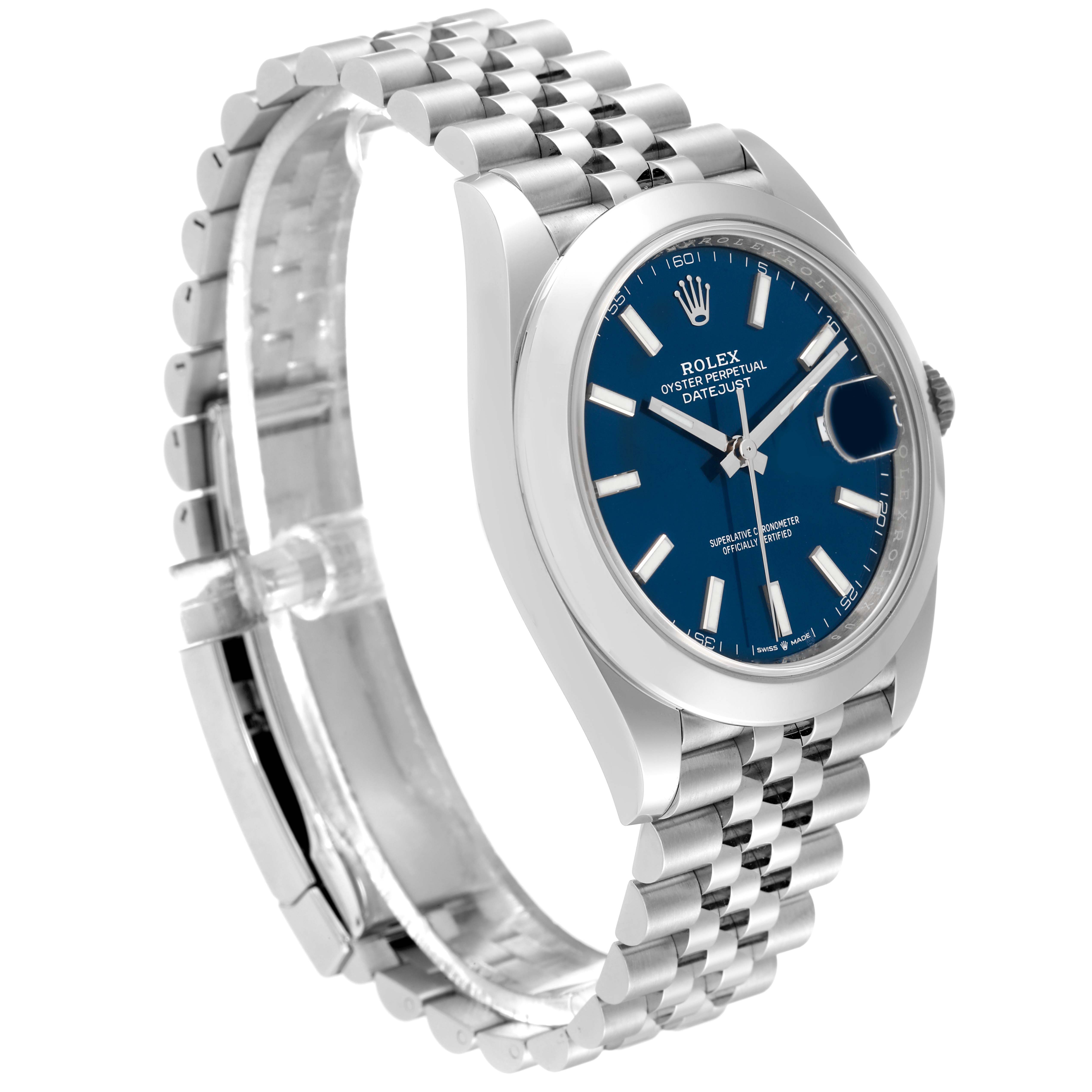The image shows a side angle of the Rolex Datejust 41 126300 Men
s Stainless Steel Blue Dial 126300 Men
s Stainless Steel Blue Dial watch, highlighting the blue dial, jubilee bracelet, and the case.