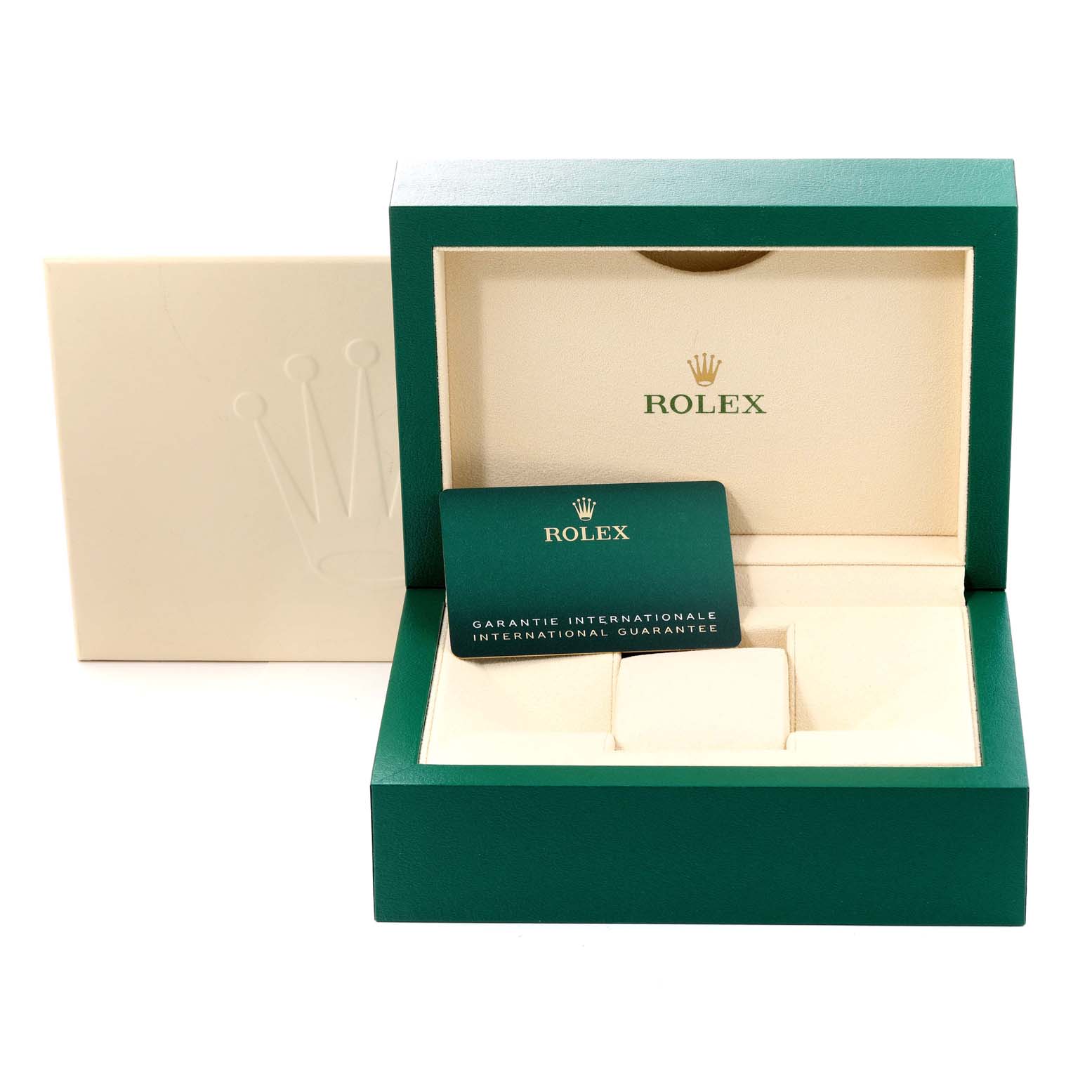 The image shows the box and international guarantee card of a Rolex Datejust 41 126300 Men
s Stainless Steel Blue Dial 126300 Men
s Stainless Steel Blue Dial watch from a front angle.